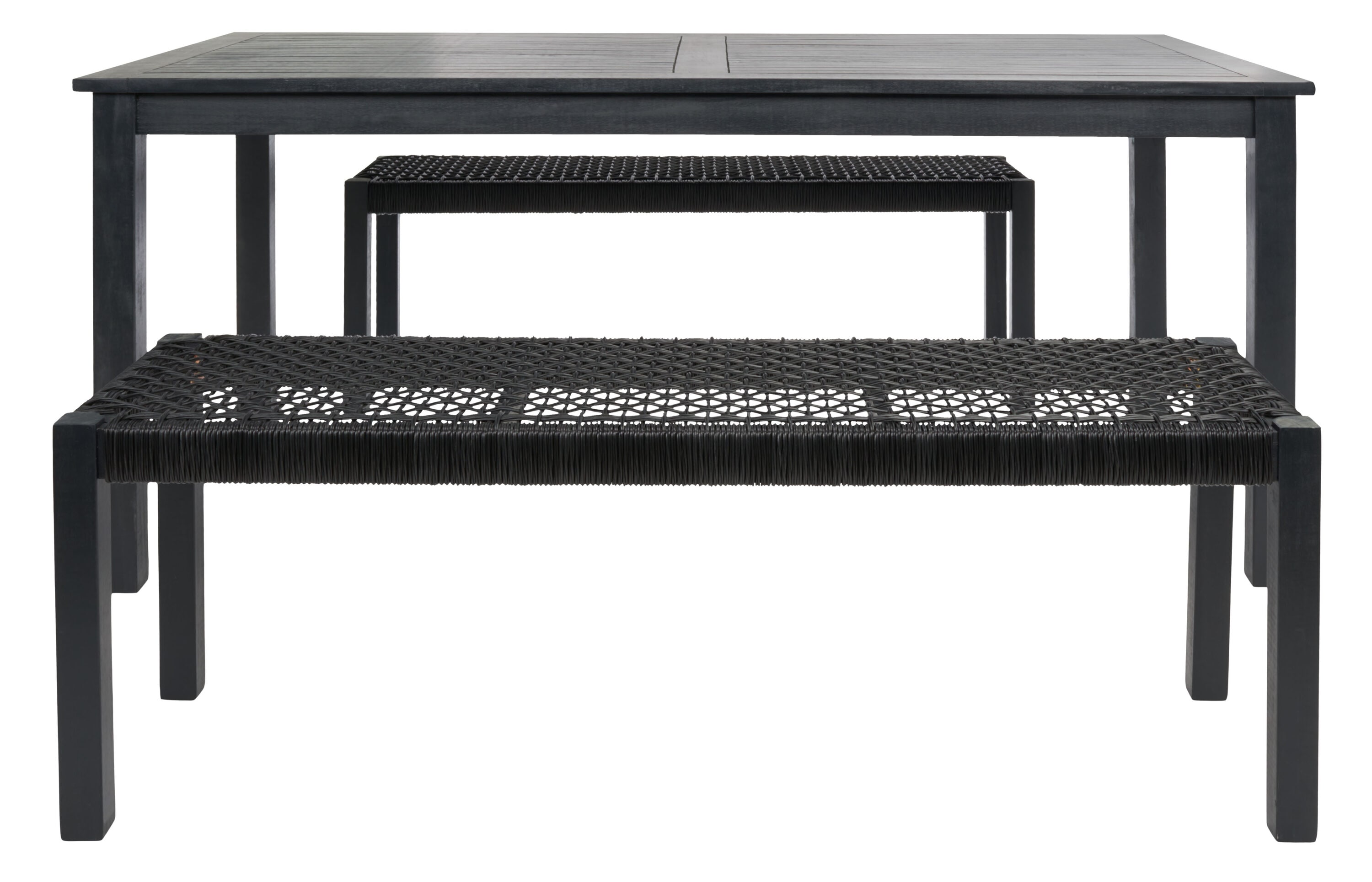 Aquina Black Acacia Wood Dining Set with Woven Rattan Benches