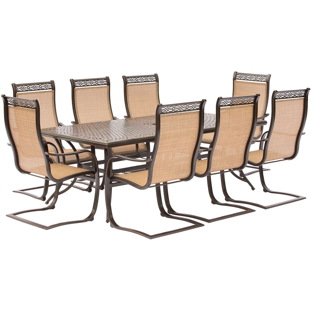 Hanover MANDN9PCSP Manor 9 -Piece Bronze Patio Dining Set Aluminum Rectangle Table with 8 Tan C-spring Chairs