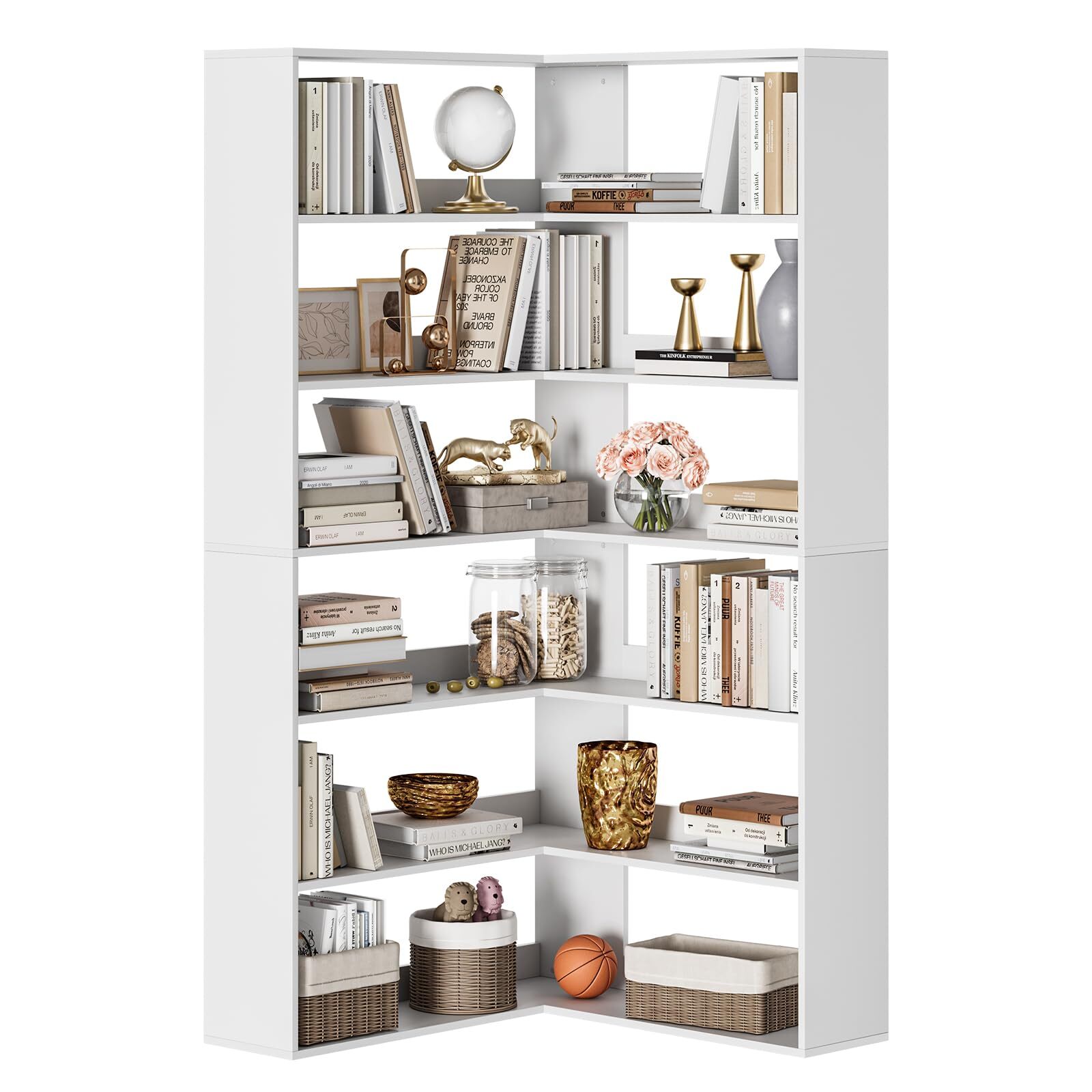 GarveeLife TrailBlaze 6 Tier L-Shaped Modern Corner Bookshelf  71 inch Tall White Wooden Bookcase with Back Panels   Baffles