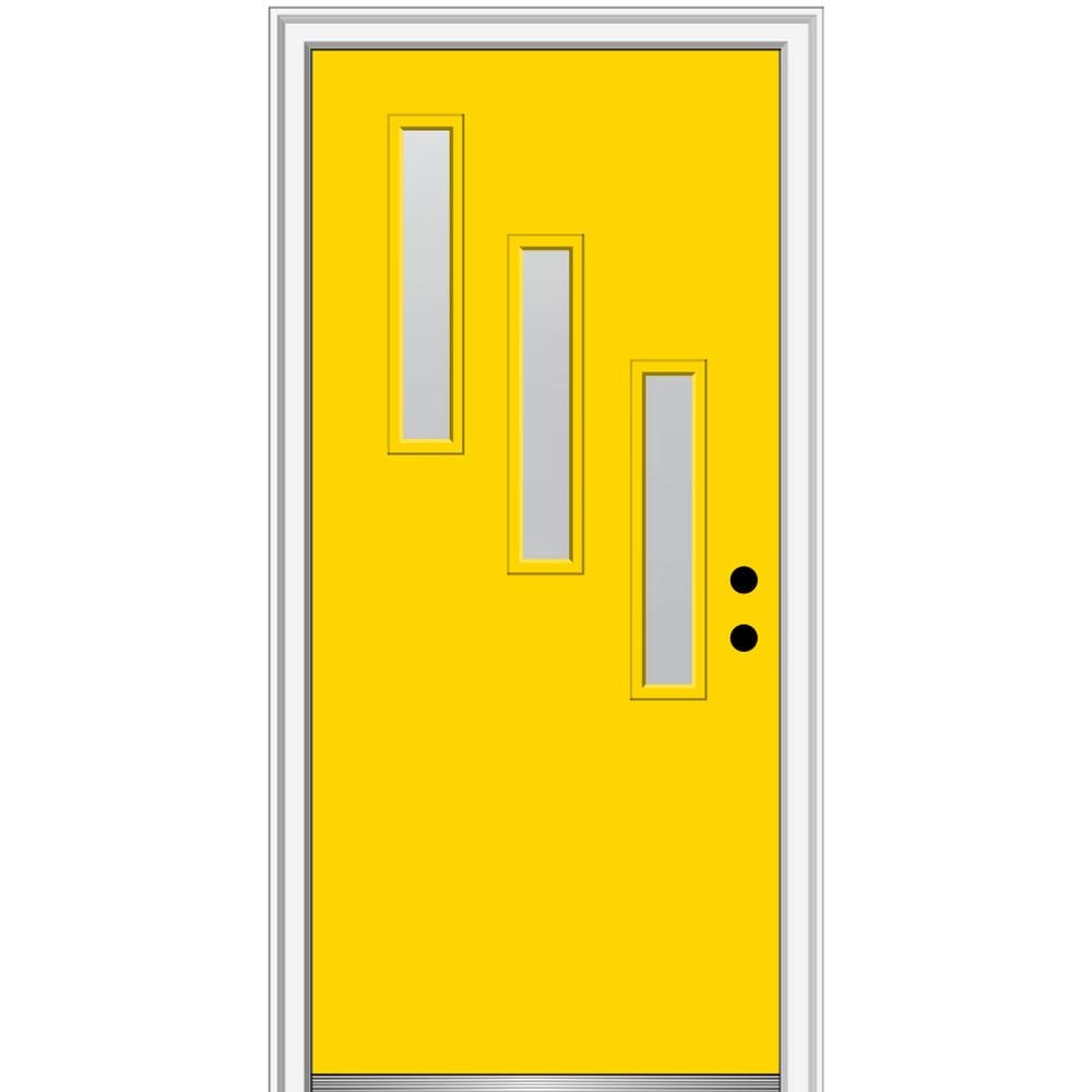 MMI DOOR ZZ347924L Spotlights 30-in x 80-in x 4-9/16-in Fiberglass Pulse lite Left-hand inswing Yellow Flash Painted Prehung Front Door with Brickmould Insulating core