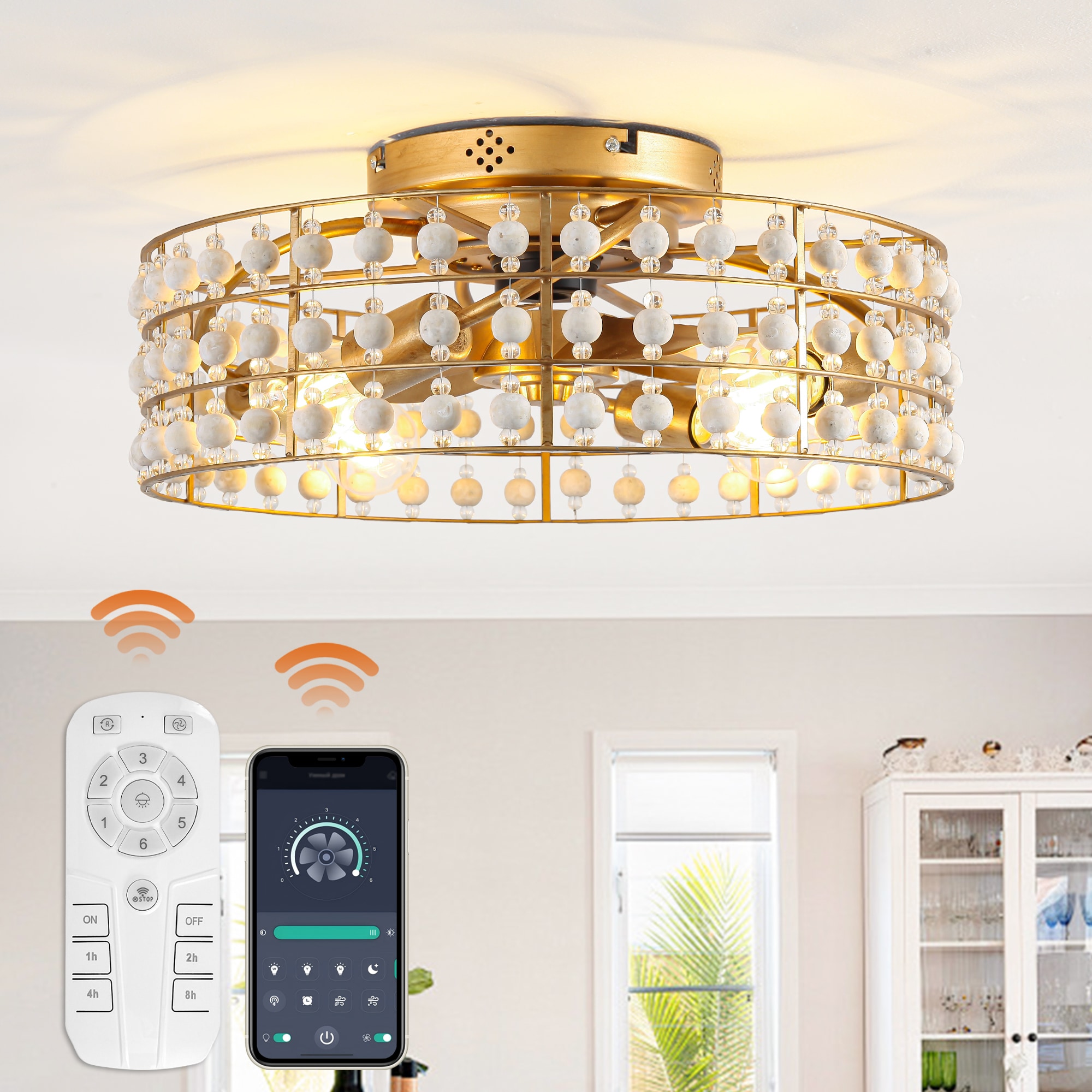 Matrix Decor MDBBF3005 18.3-in Flush Mount Smart Gold with Gold Blades Fandelier Ceiling Fan With Light - Remote Included ( 5 -Blade )