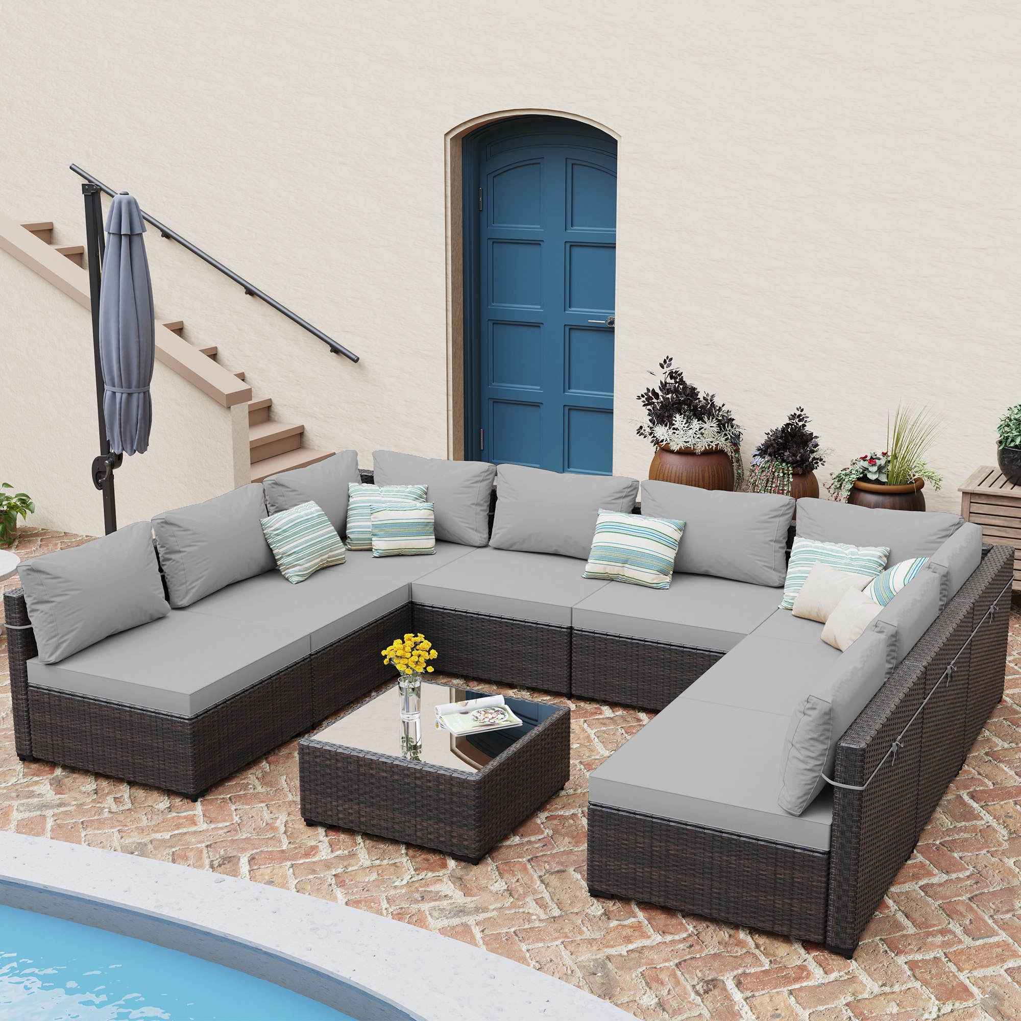 UPHA Patio Conversation Set 9-Piece Wicker Patio Conversation Set with ...