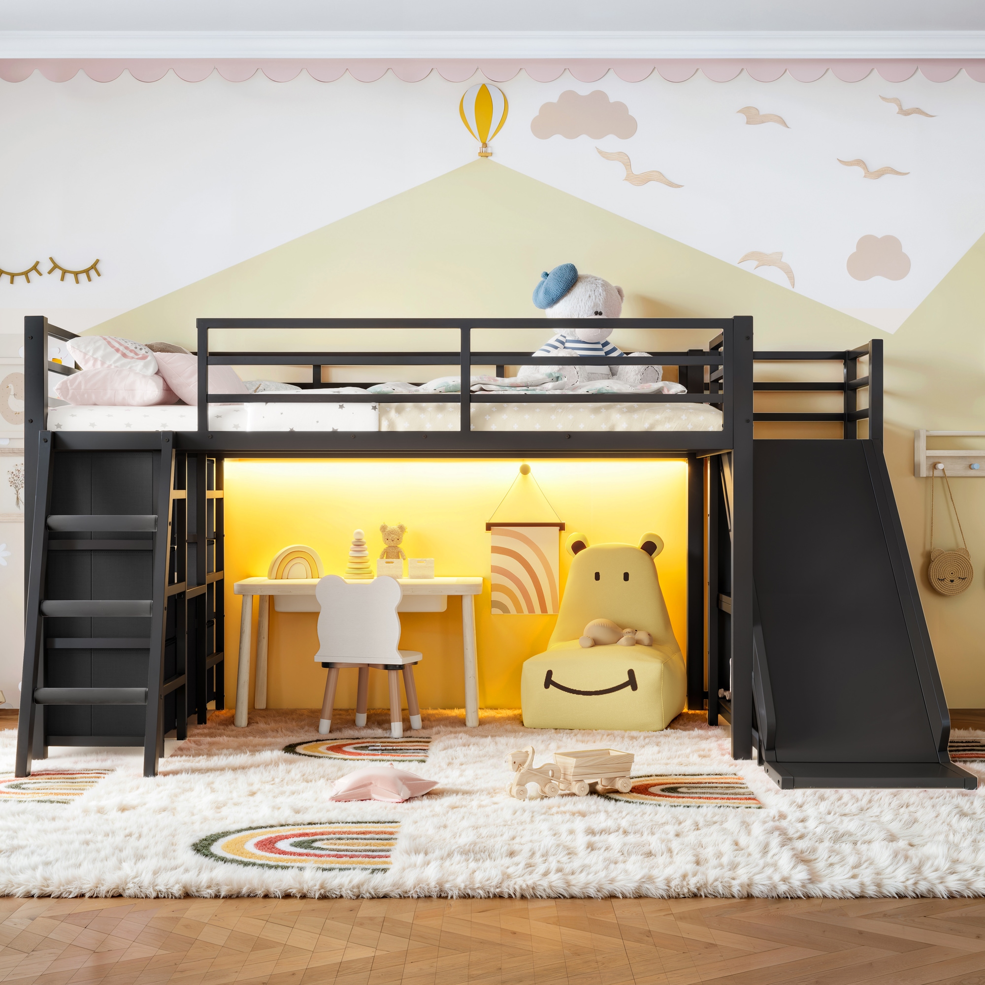 Bellemave - Twin Size Metal Loft Bed with Slide and Ladder Black Loft Bed Frame with Fabric Stora...
