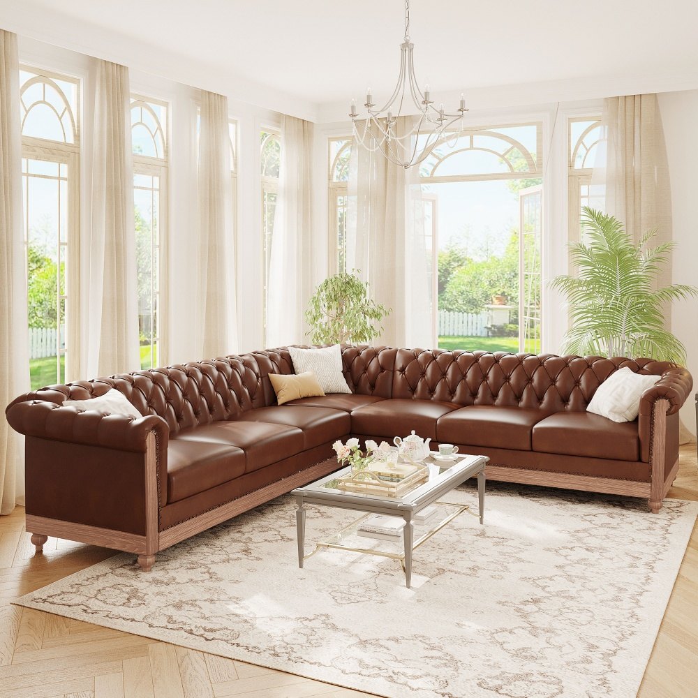 Coolbibila - 104 in Light Brown Retro 6 Seat L Shaped Faux Leather Tufted Corner Sectional Sofa W...