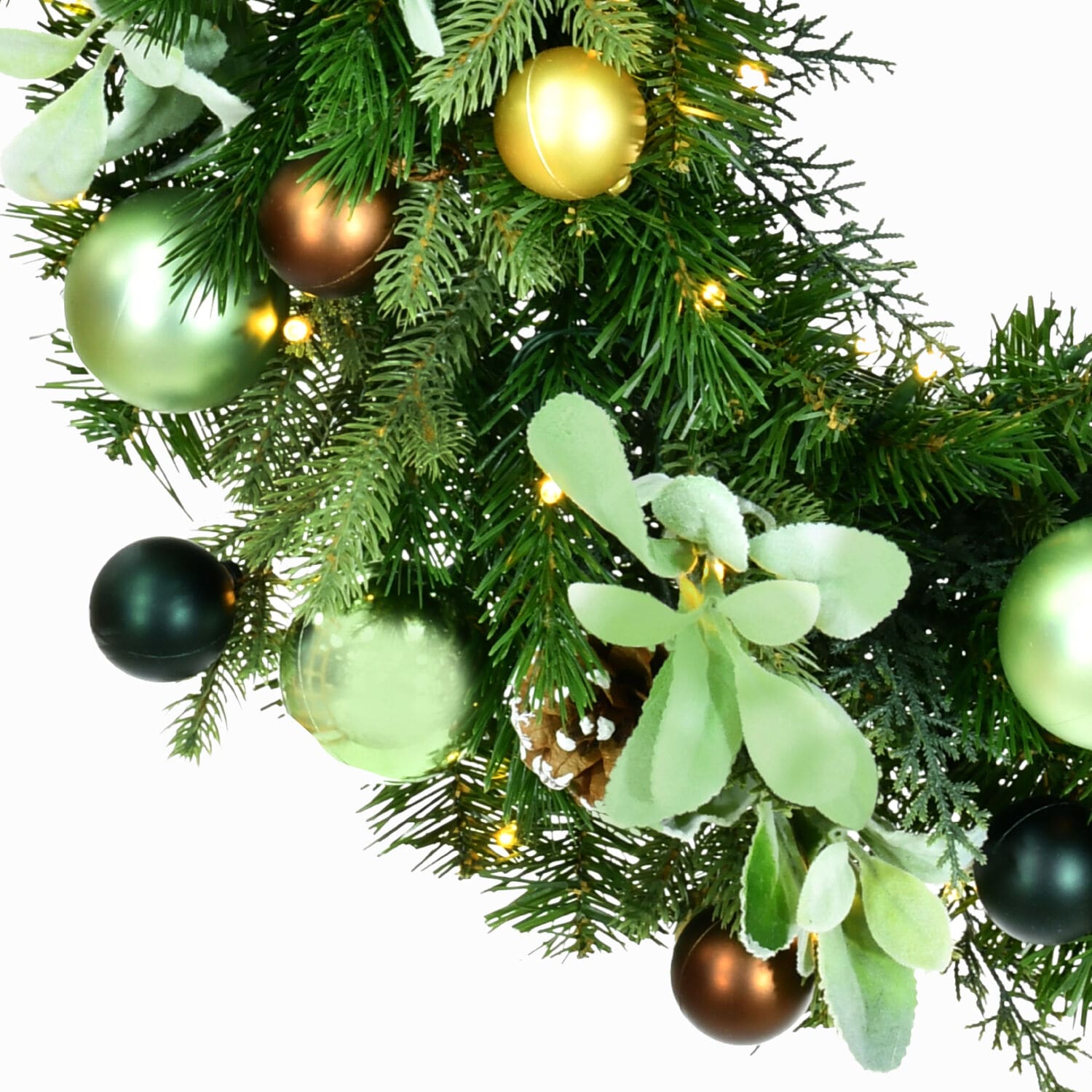 24-Inch Green and Brown Artificial Christmas Wreath with Pinecones and LED Lights