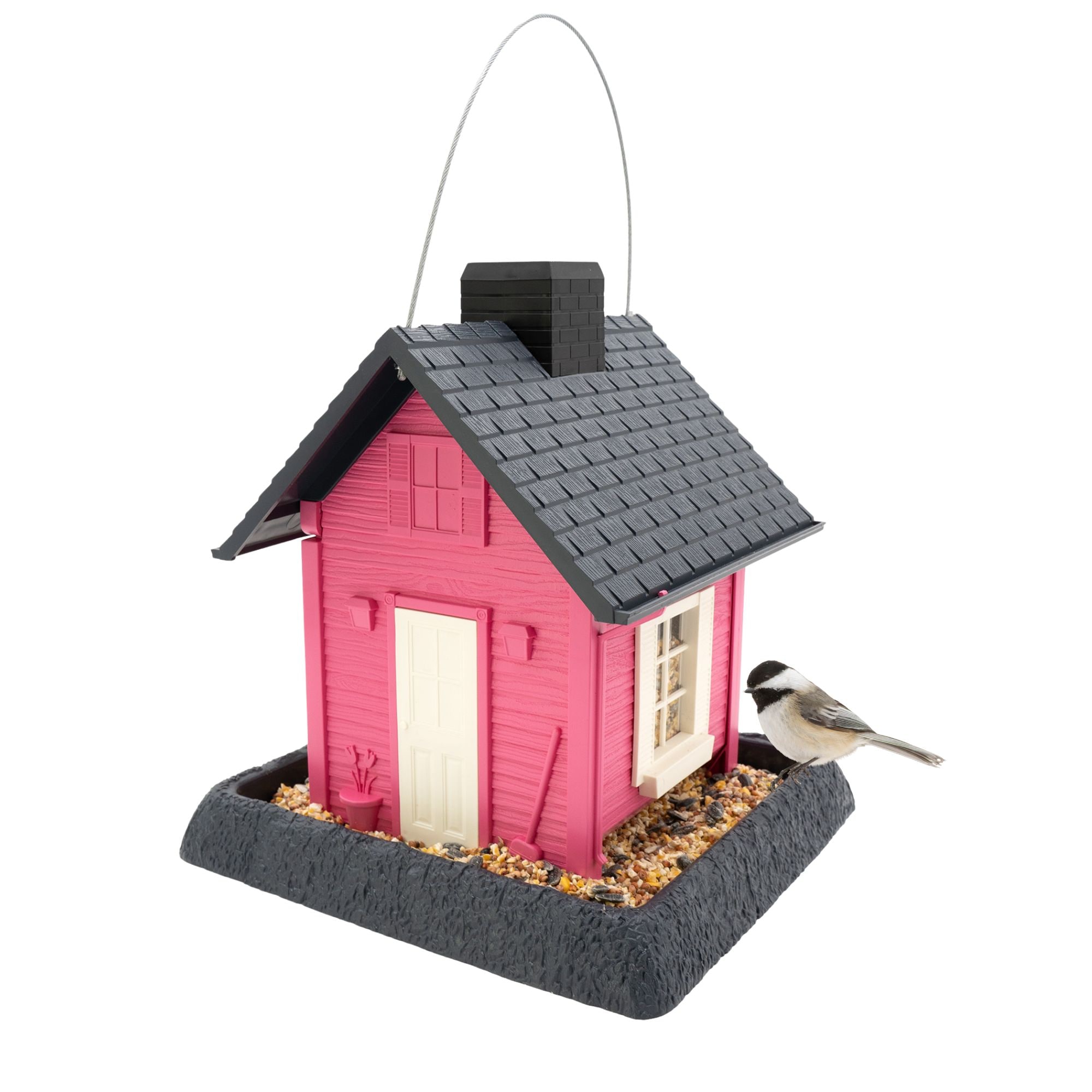 North States Village Collection Fiesta Pink Cottage Plastic Hanging/Post-mount Squirrel-Resistant Hopper Bird feeder - 5-lb