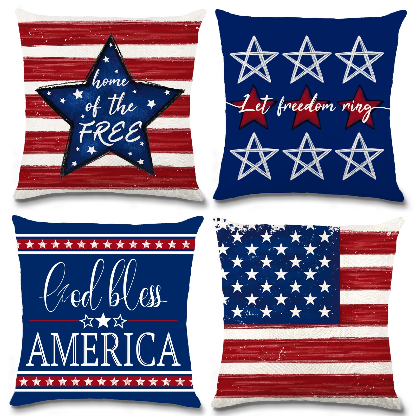 Yichuhaoxi  Patriotic Throw Pillow Covers Set of Four Red Blue Star Stripe Flag Design for Independence Day and Memorial Day Home Decor 18 by 18