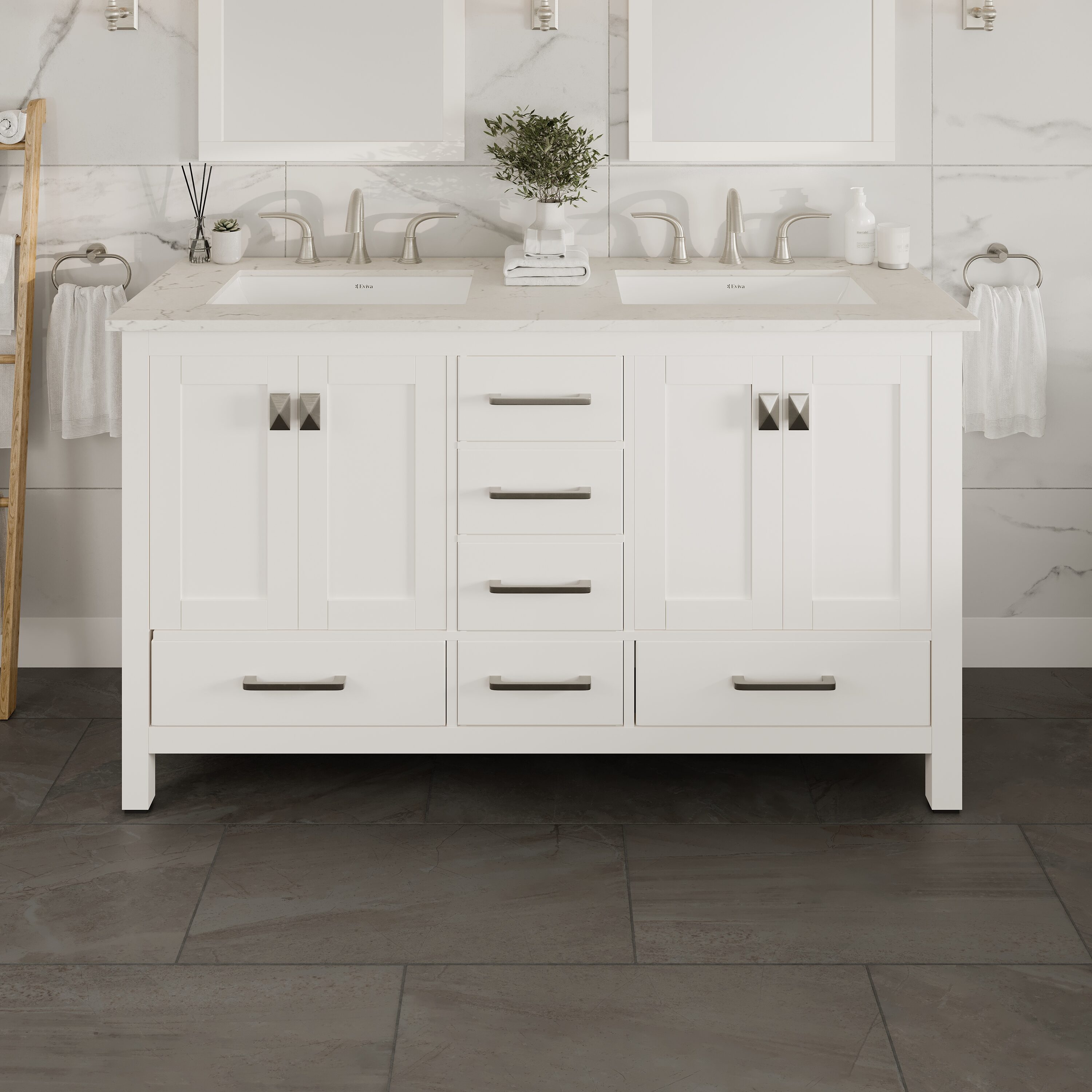 Eviva EVVN412-60WH-Q Aberdeen 60-in White Undermount Double Sink Bathroom Vanity with White Quartz Top