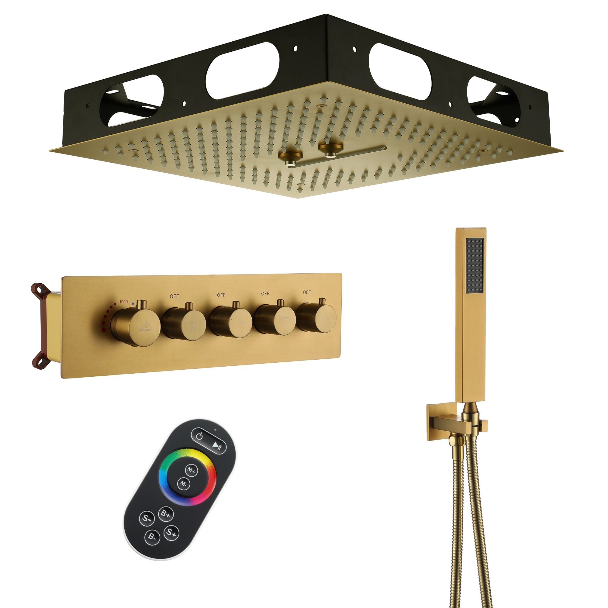 CASAINC CS6837-16BG Brushed Gold 16-in Waterfall Built-In Shower Faucet System with 3-way Diverter ( Thermostatic Valve Included )