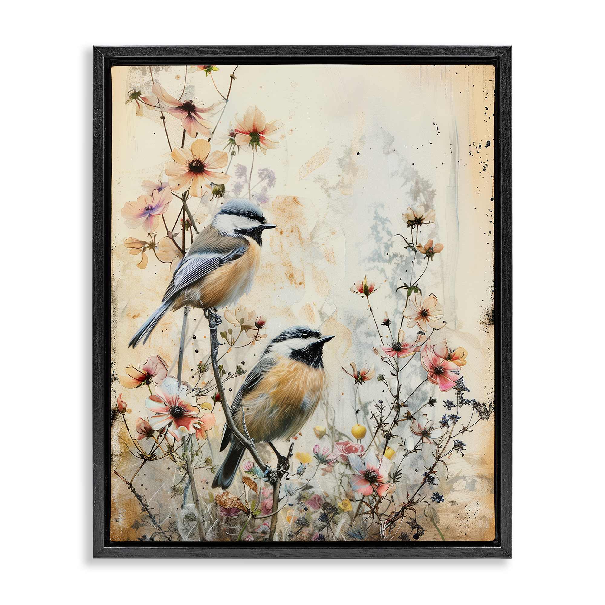 Stupell Industries BT-753-FFB-16X20 Sparrows Perched on Florals Floating Frame design by Arlington Prints