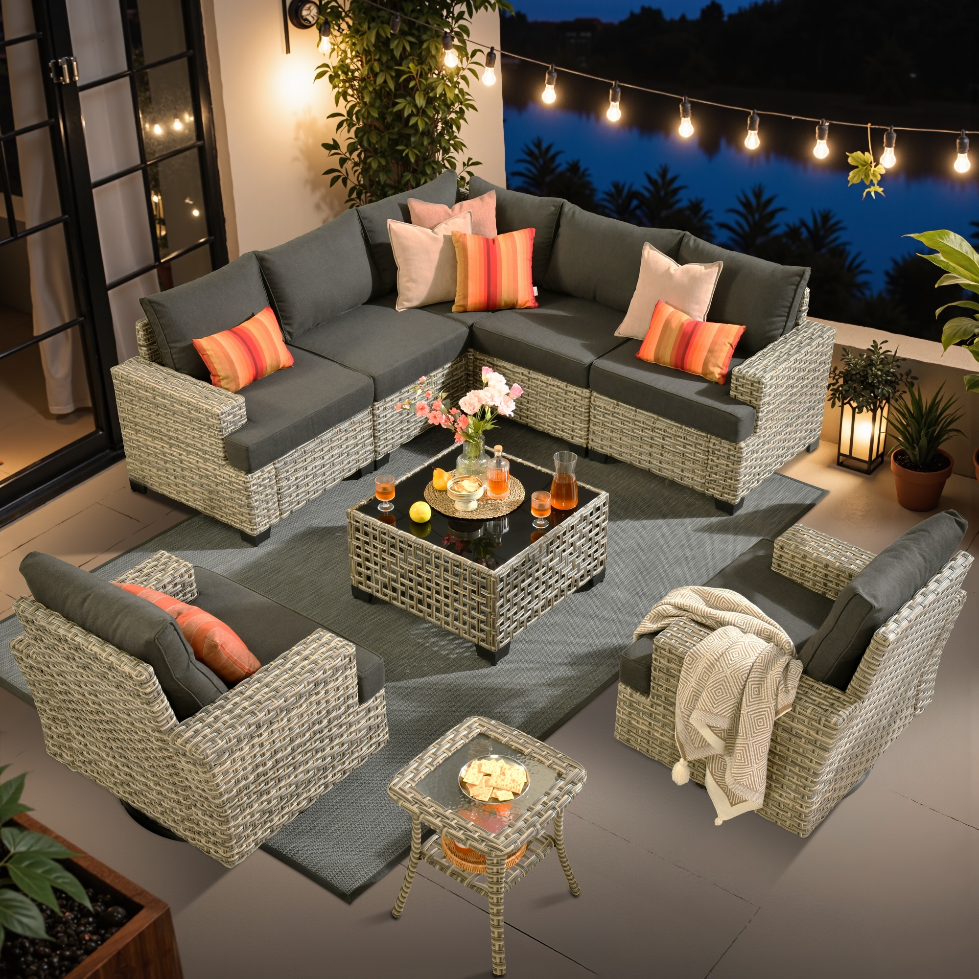 XIZZI XITBS109C4-RC3 Agate Rattan Outdoor Sectional with Black Cushions and Steel Frame