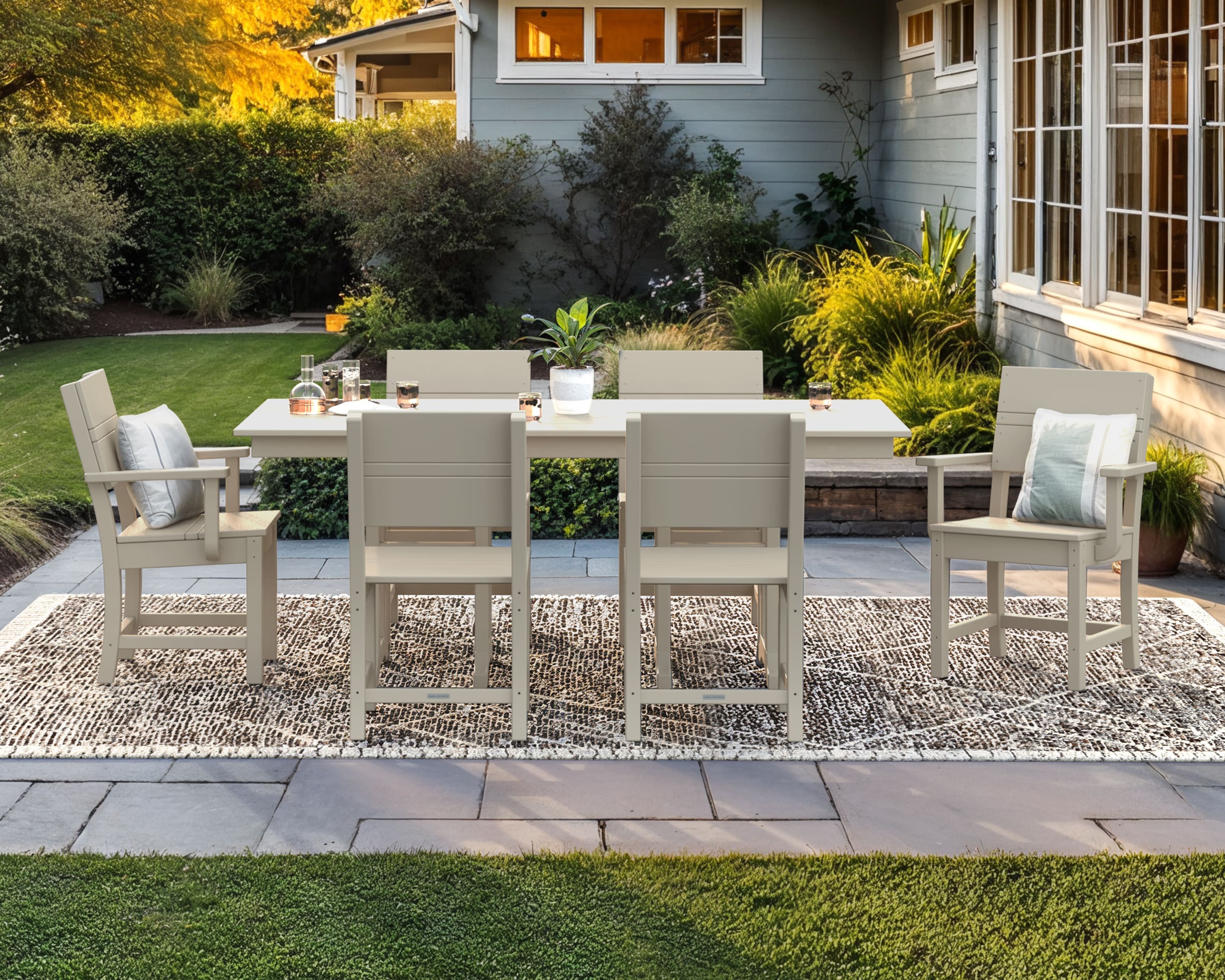 Origin 21 by POLYWOOD PWS2733-1-SA Irving 7 -Piece Sand Patio Dining Set Plastic Rectangle Table with 6 Stationary Chairs
