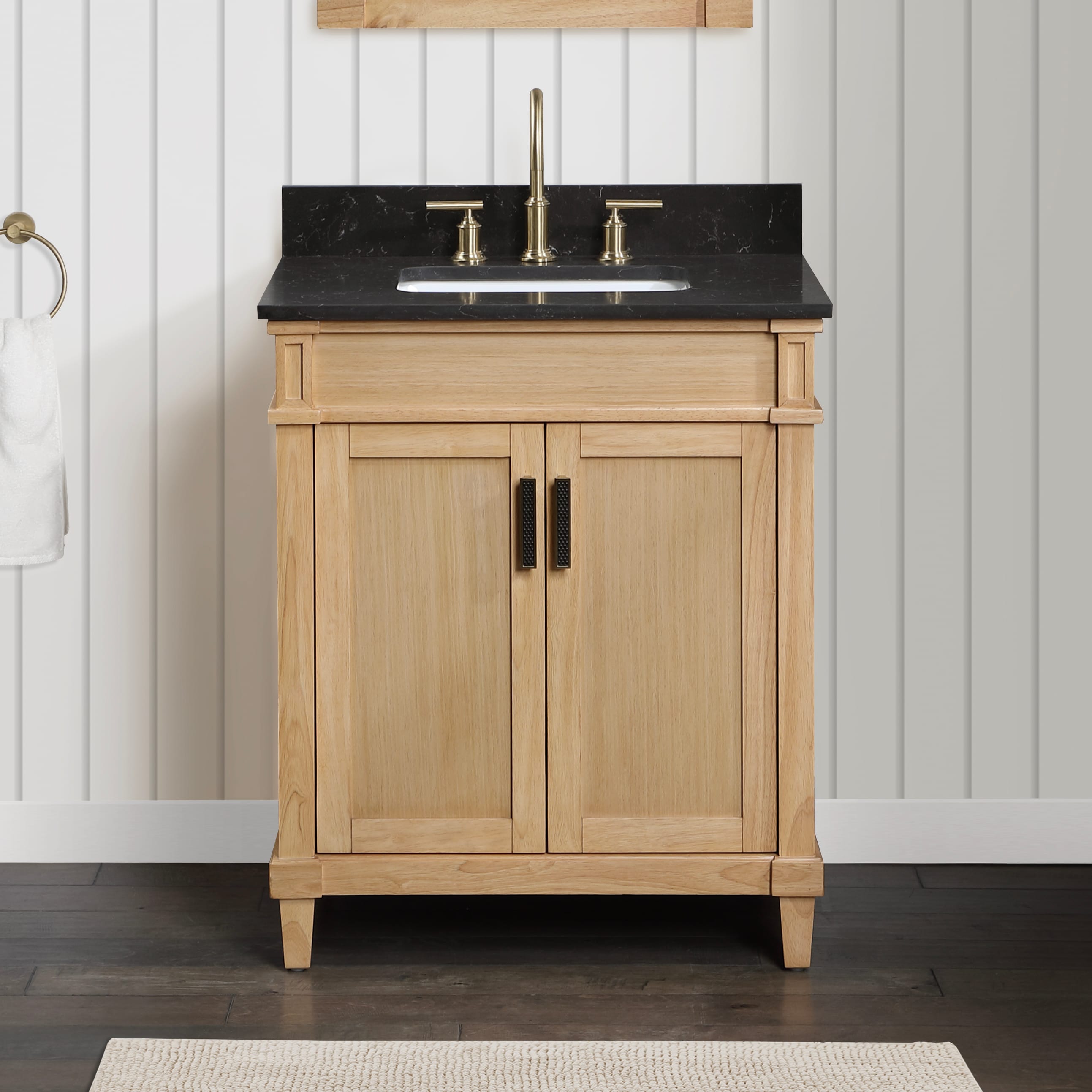 TJAmerican TJ02-28V3022BE Diana 30 in. W x 22 in. D x 35 in. H Single Sink Bath Vanity in Natural Wood Finish with Black Marquina Quartz Top