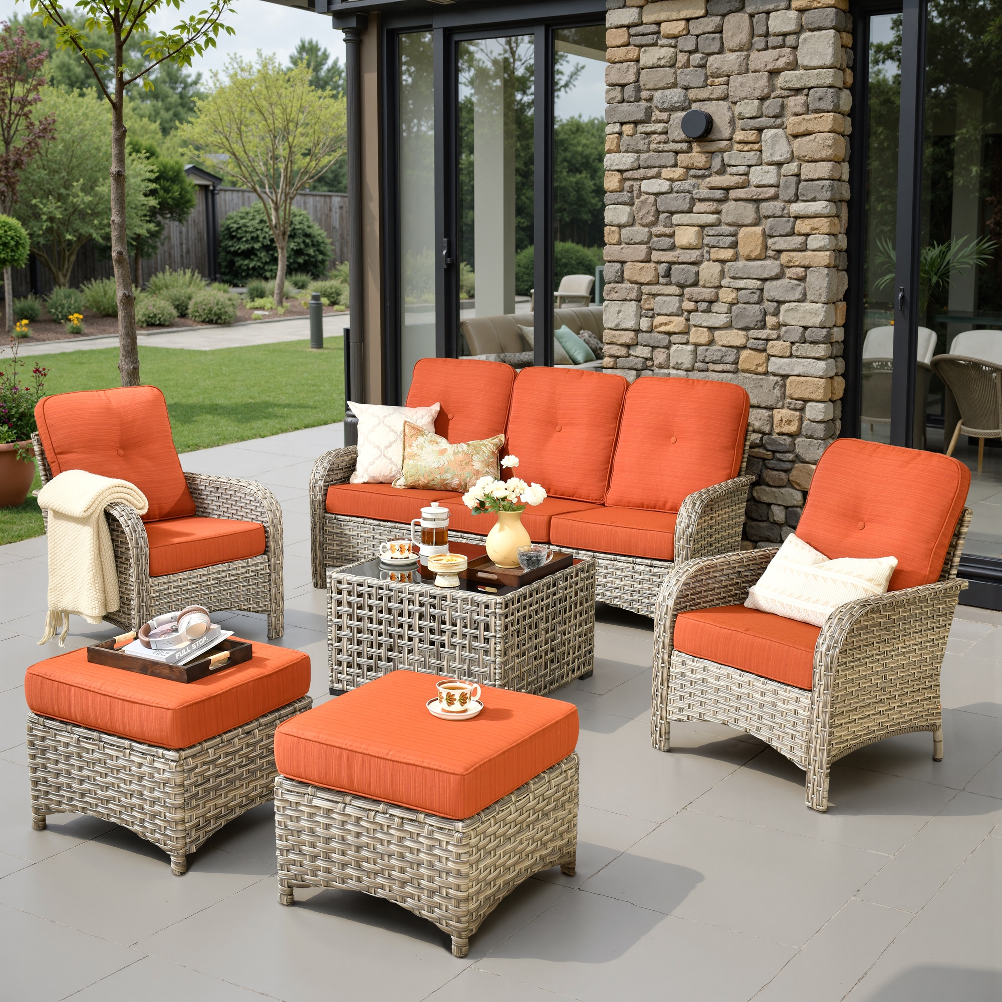weaxty HMBVNC800S61 Belvoir 6 -Piece Wicker Patio Sofa Conversation Set with Orange Cushions