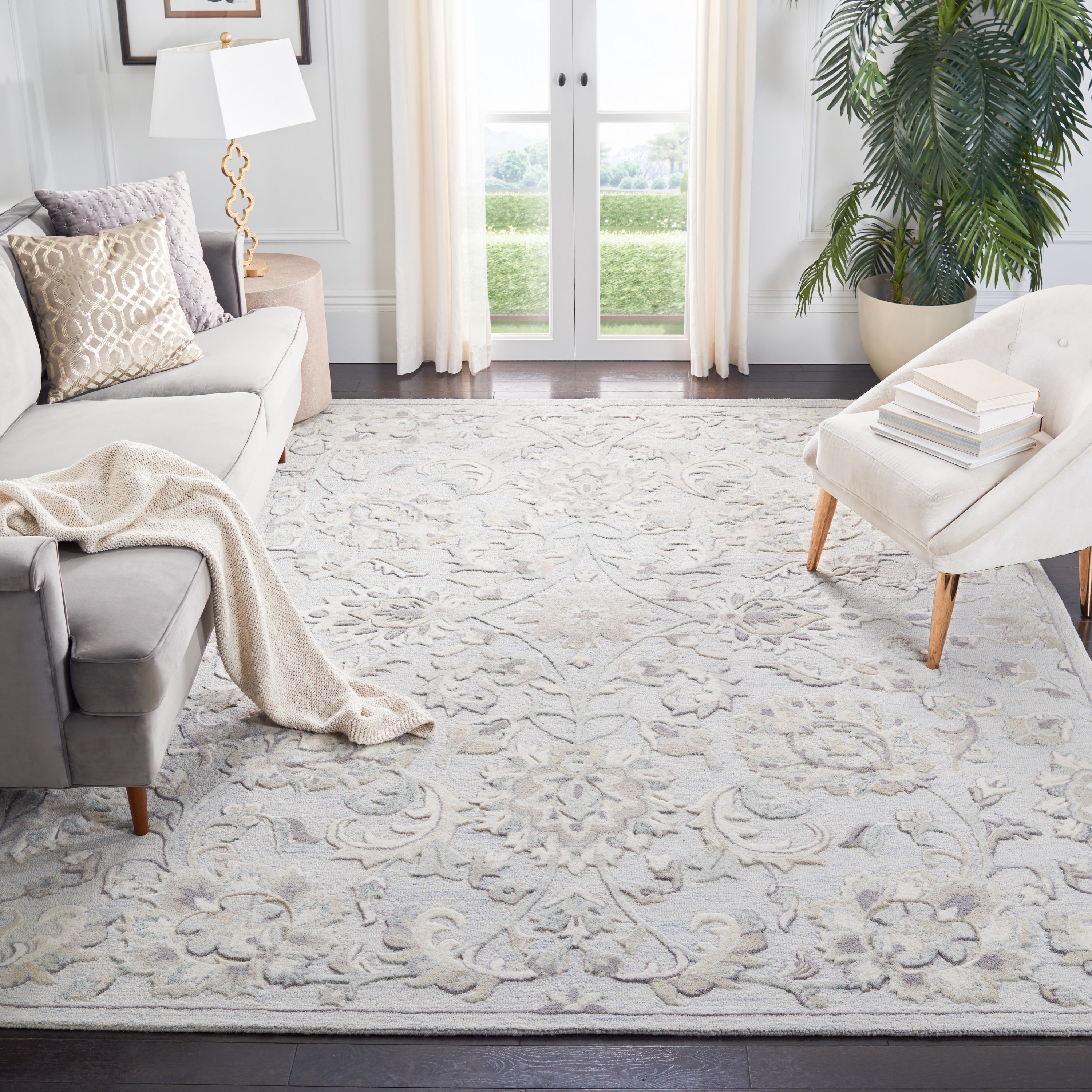 Safavieh GLM624L-8 Glamour Delphi 8 x 10 (ft) Tufted Wool Gray/Light Blue Rectangular Indoor Floral/Botanical Farmhouse/Cottage Area rug