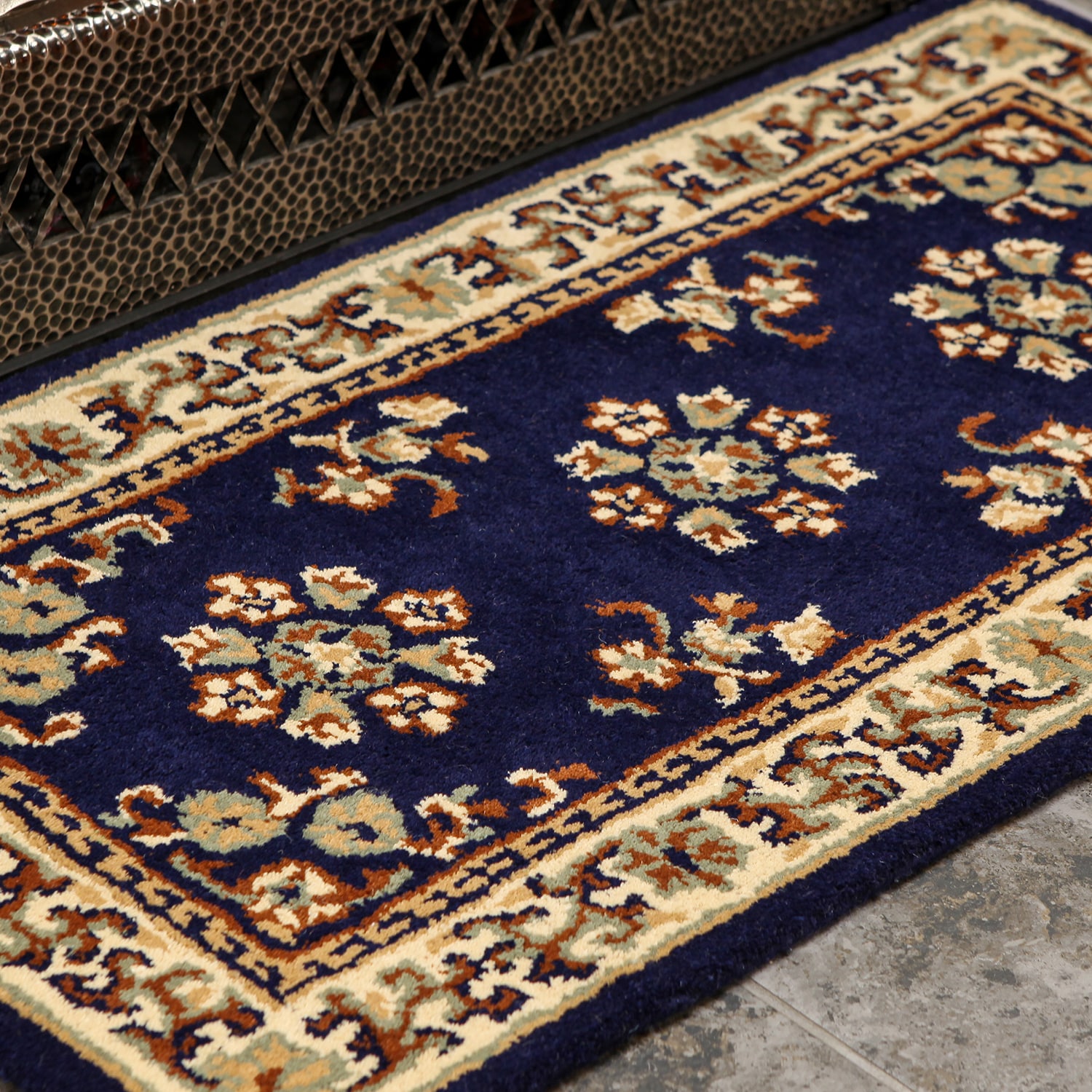 Blue Oriental Wool Rectangular Hearth Rug