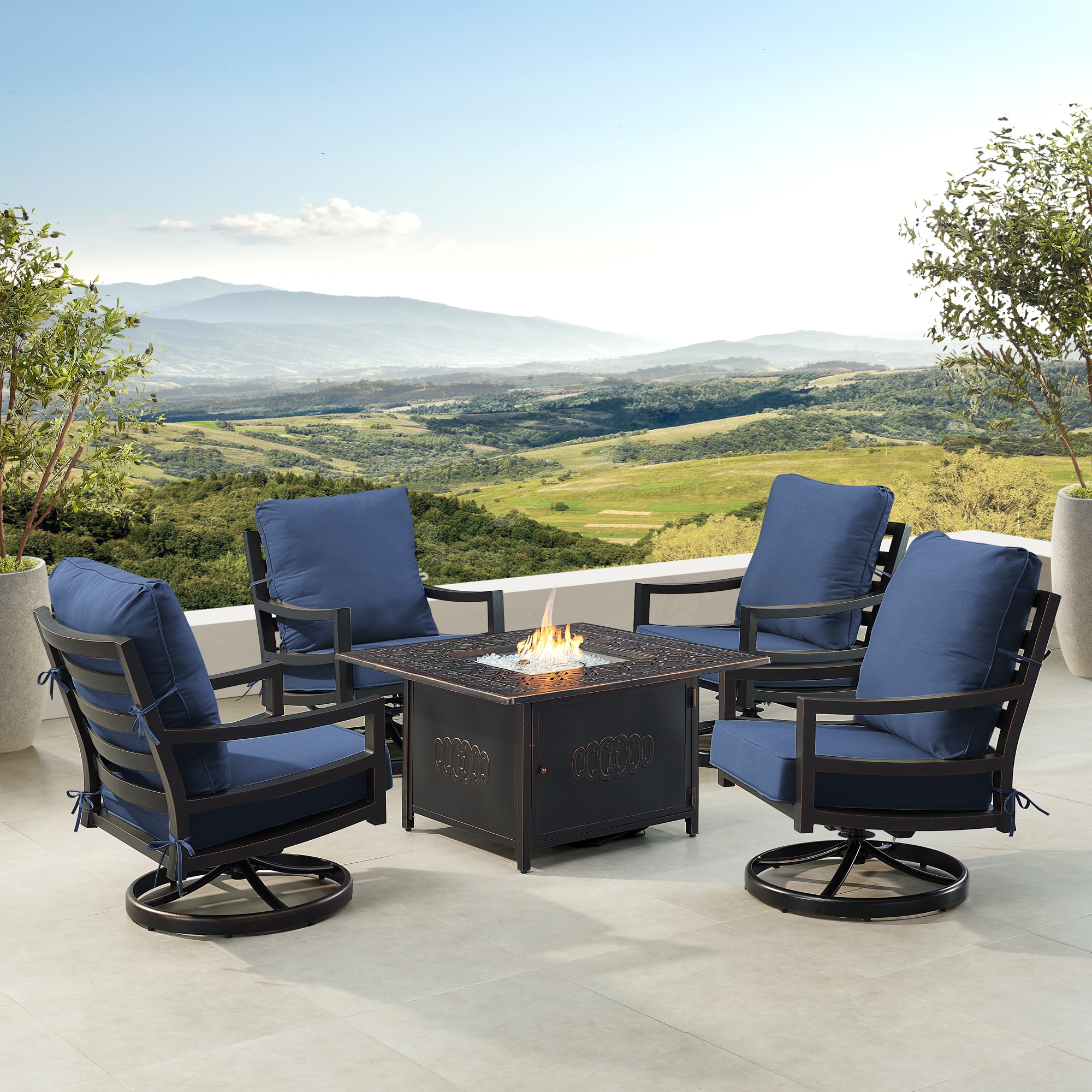 Oakland Living HUDSON4CHRONINBLCU Fire Pit Table Set, Four Lounge Chairs and Wind Guard 14 -Piece Patio Conversation Set with Blue Cushions