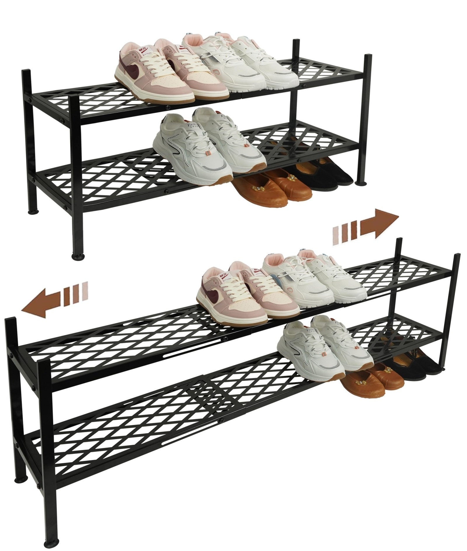MOEPISY Expandable Stackable 2 Tier Metal Shoe Storage Rack Black Adjustable Length Heavy Duty Wire Grid Shoe Organizer for Entryway Closet Garage Dorm Home Space Saving Organization