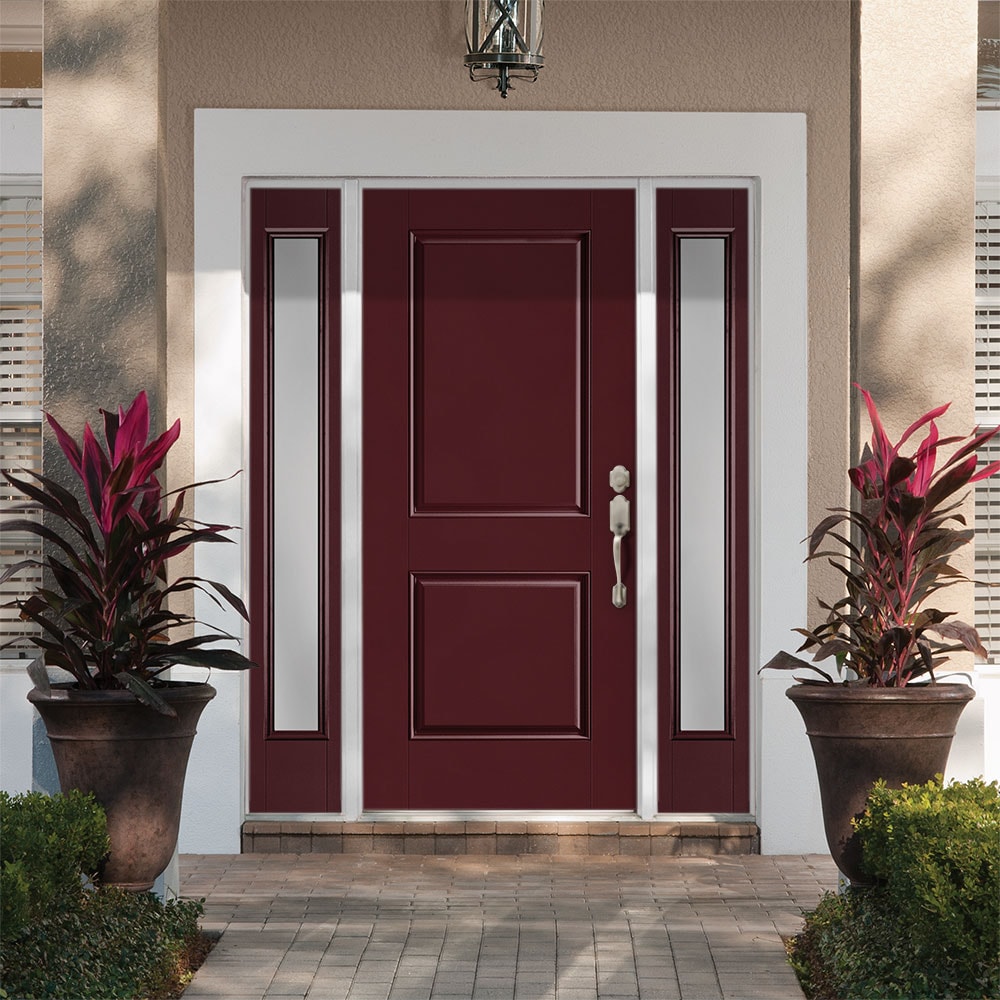 Masonite 1218189 60-in x 80-in x 4-9/16-in Fiberglass No glass Left-hand inswing Currant Painted Prehung Front Door with Sidelights with Brickmould Insulating core