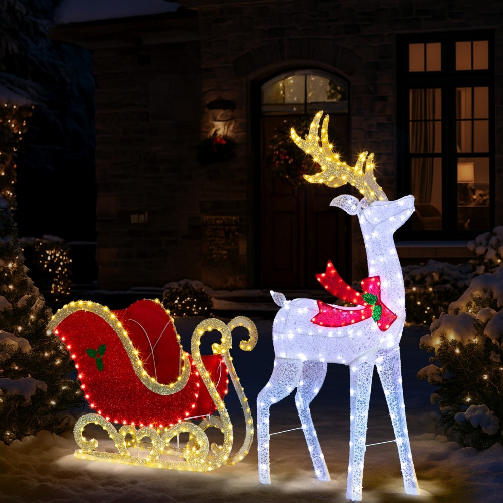 Kazeila 73331809-SYFWN006 5ft Lighted Christmas Reindeer Sleigh Set LED Illuminated Durable Outdoor Indoor Yard Decor Classic Festive Design