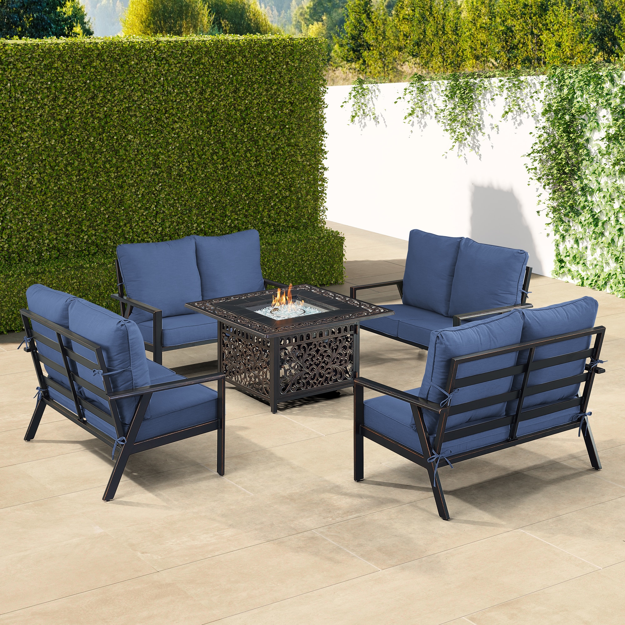 Oakland Living LUX4LSMAYANBLCUA Fire Pit Table Set, Four Loveseats and Wind Guard 22-Piece Patio Conversation Set with Blue Cushions