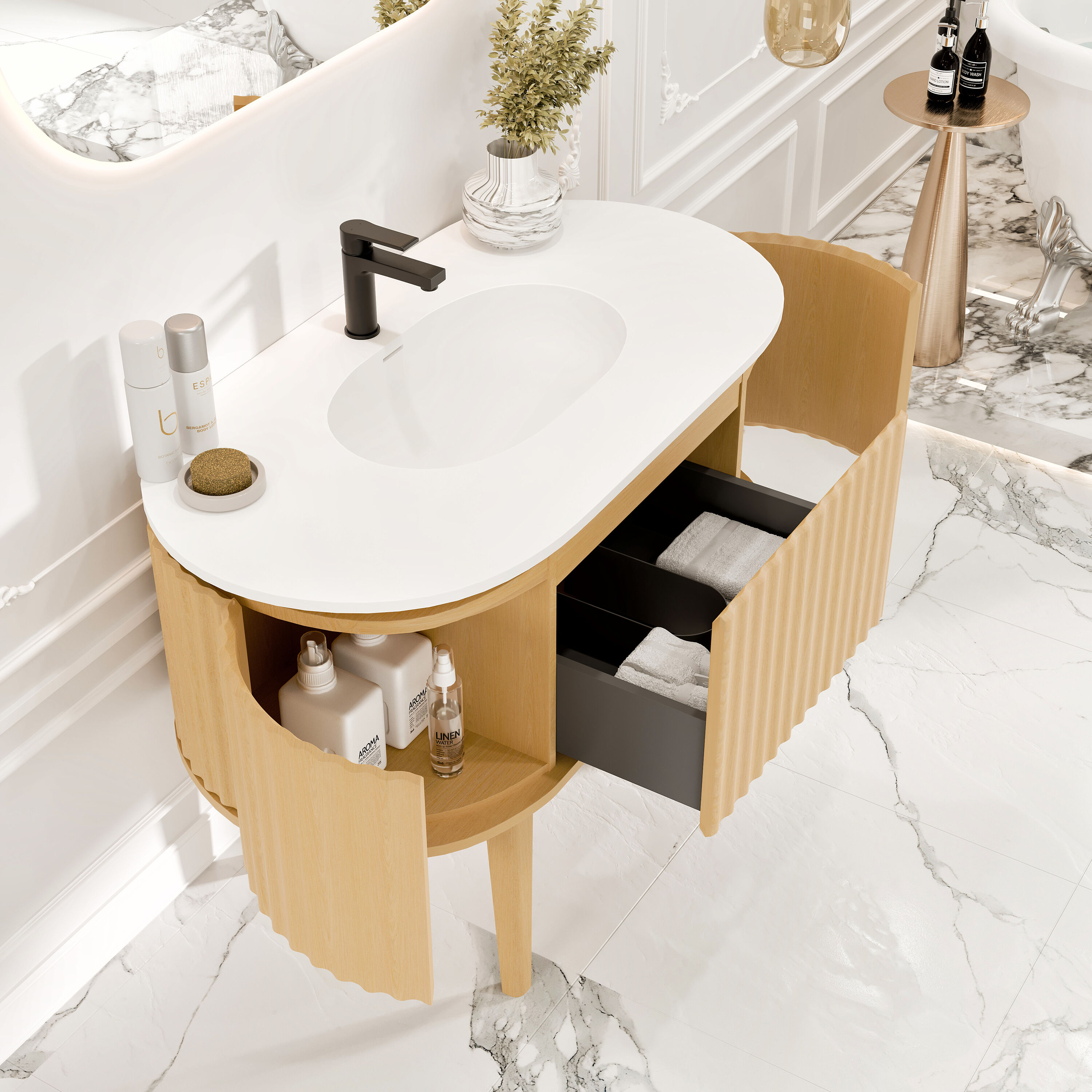 Natural Oak Freestanding Bathroom Vanity with White Solid Surface Top