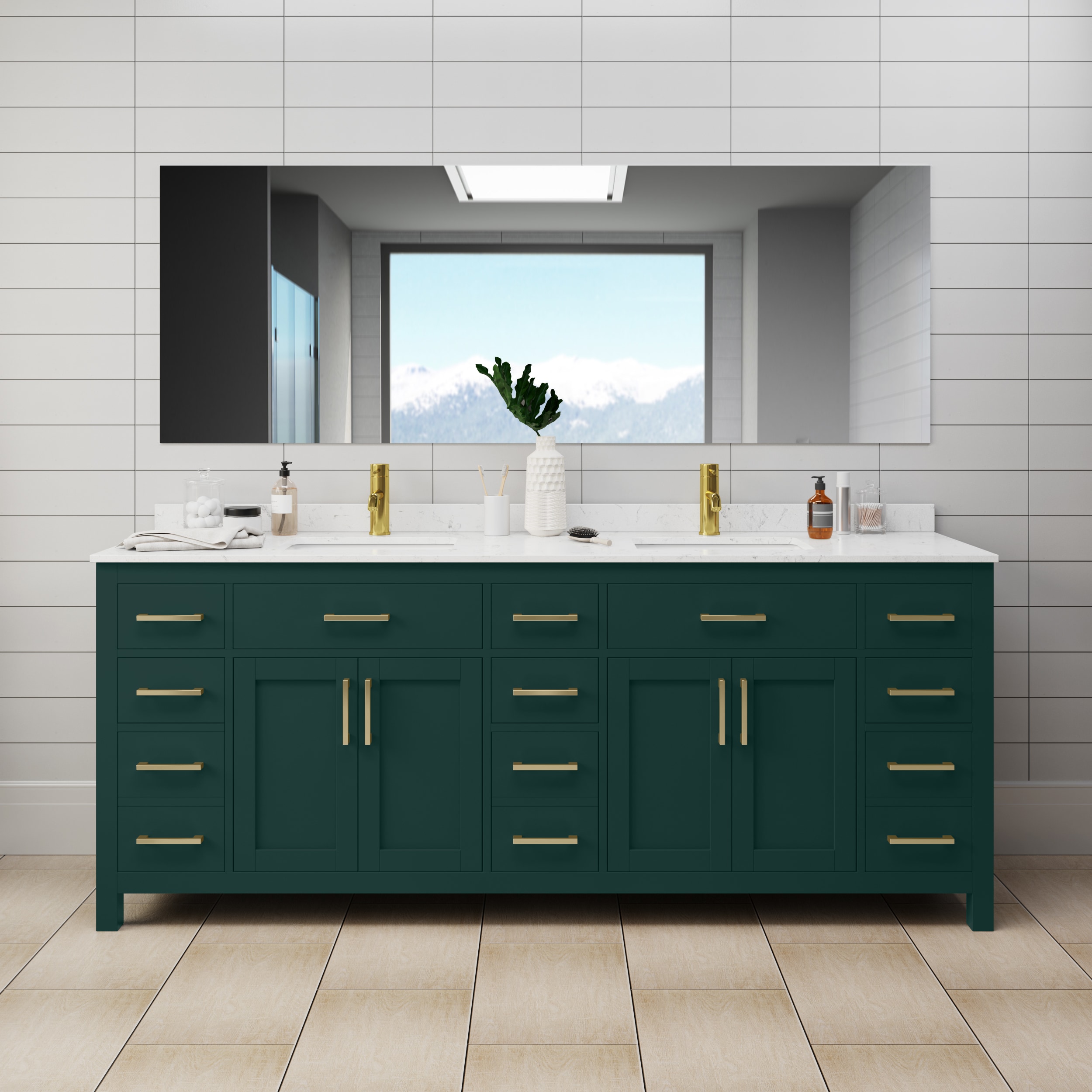 Wyndham Collection WCG242484DGDCCUNSMXX Beckett 84-in Green with Brushed Gold Trim Undermount Double sink Bathroom Vanity with Carrara Cultured Marble Cultured marble Top