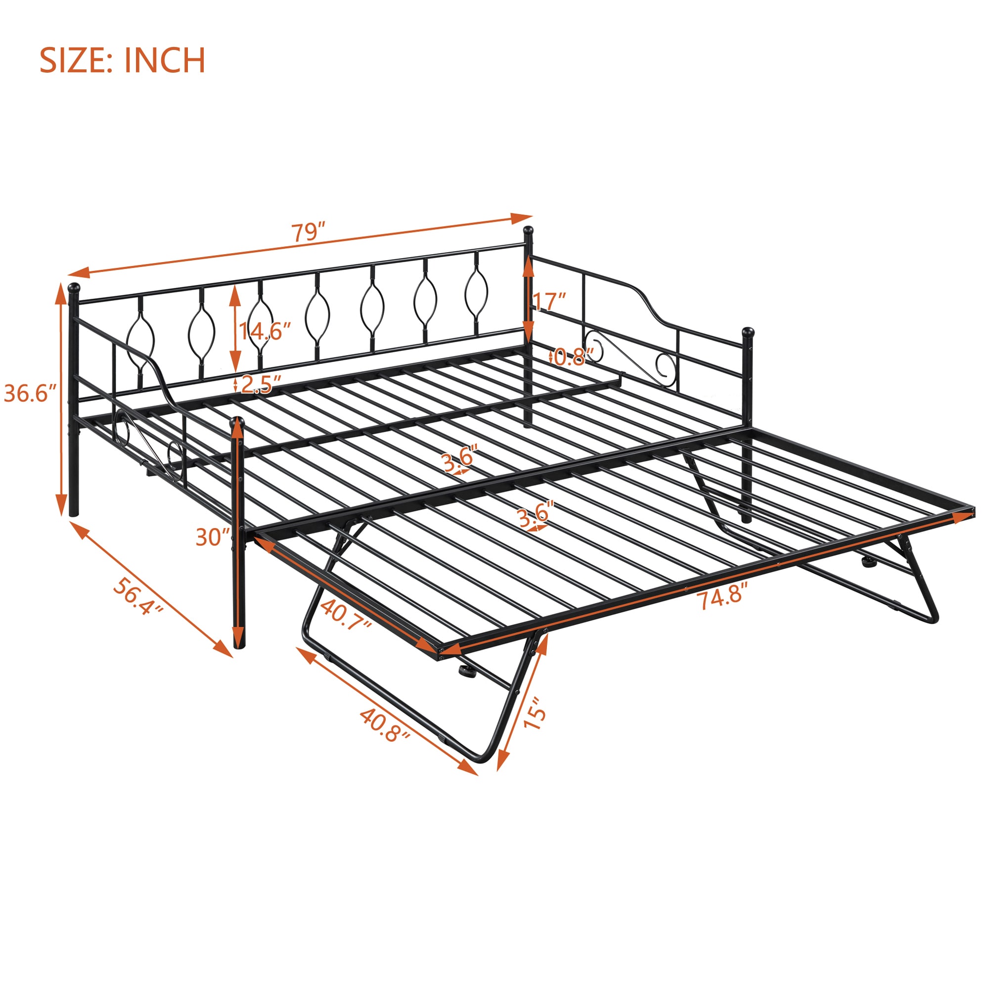 Qualler Contemporary black steel daybed with trundle Full Adjustable ...