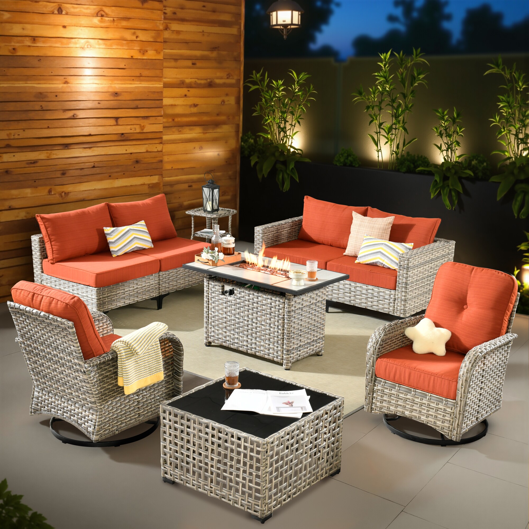 weaxty CFPDSCRRSYZVNC80C9 9-Piece Wicker Patio Conversation Set with Orange Cushions