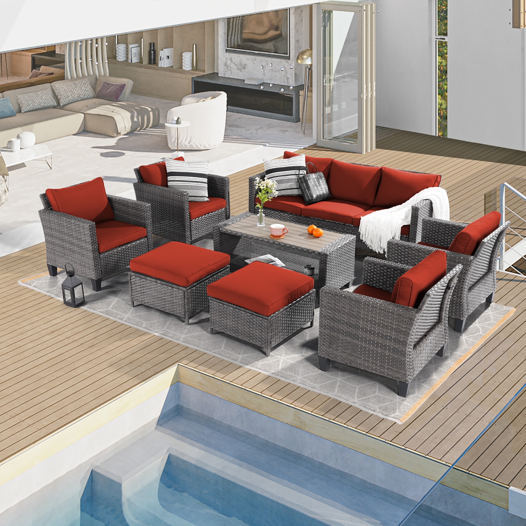ACEGOSES LW-ST21-115HOG Skytop 8 -Piece Wicker Patio Sofa Conversation Set with Red Cushions