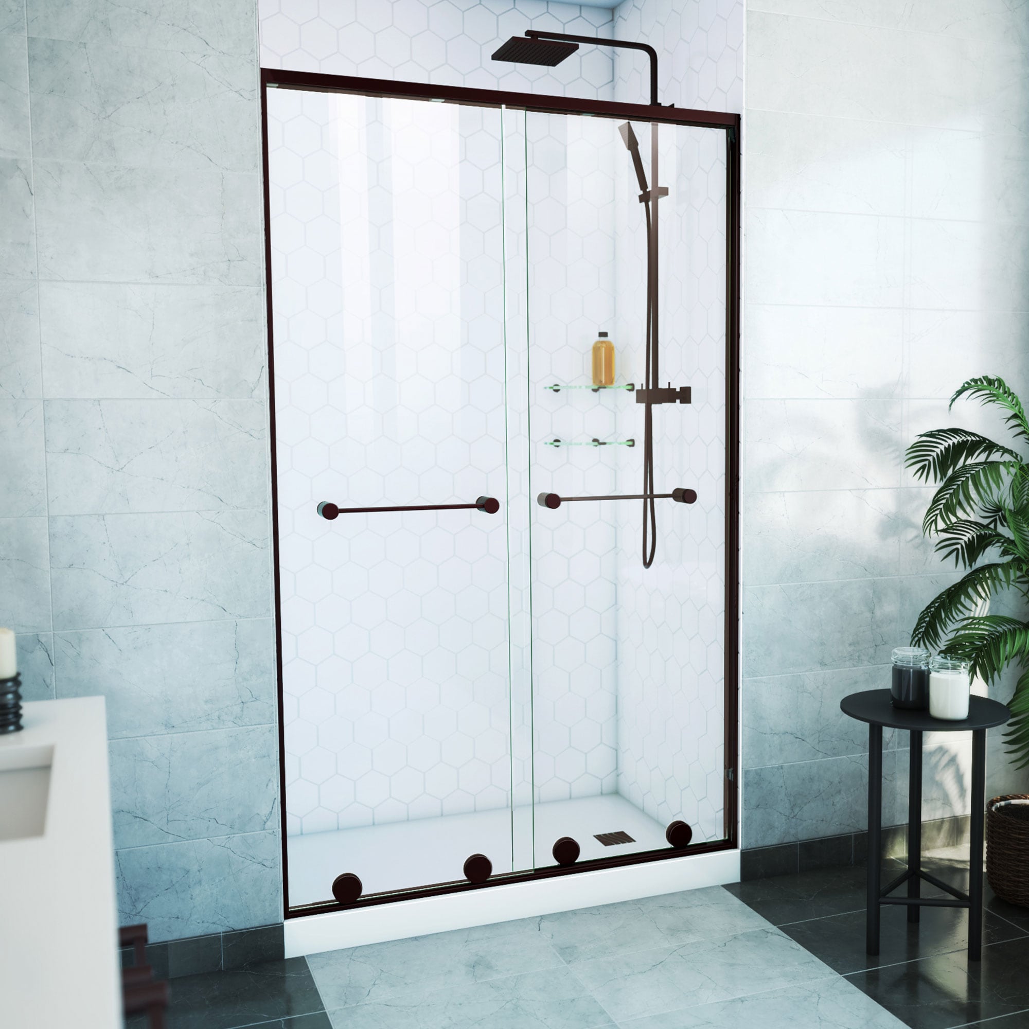 DreamLine SDHA48W760VXX06 Harmony Oil Rubbed Bronze 44-in to 48-in W x 76-in H Semi-frameless Bypass Sliding Shower door 3/8-in Thick Clear Glass