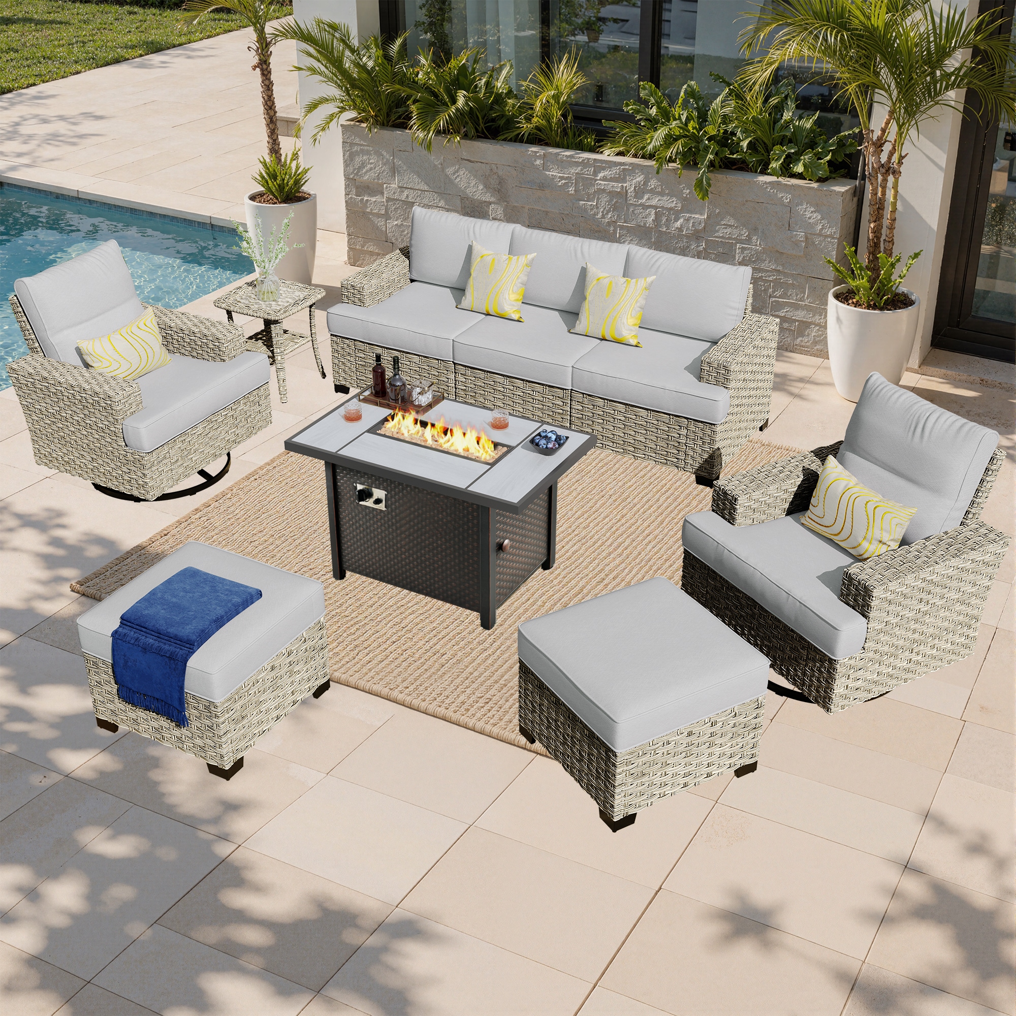 Slate Rattan Outdoor Sectional with Light Gray Cushions and Wicker Frame