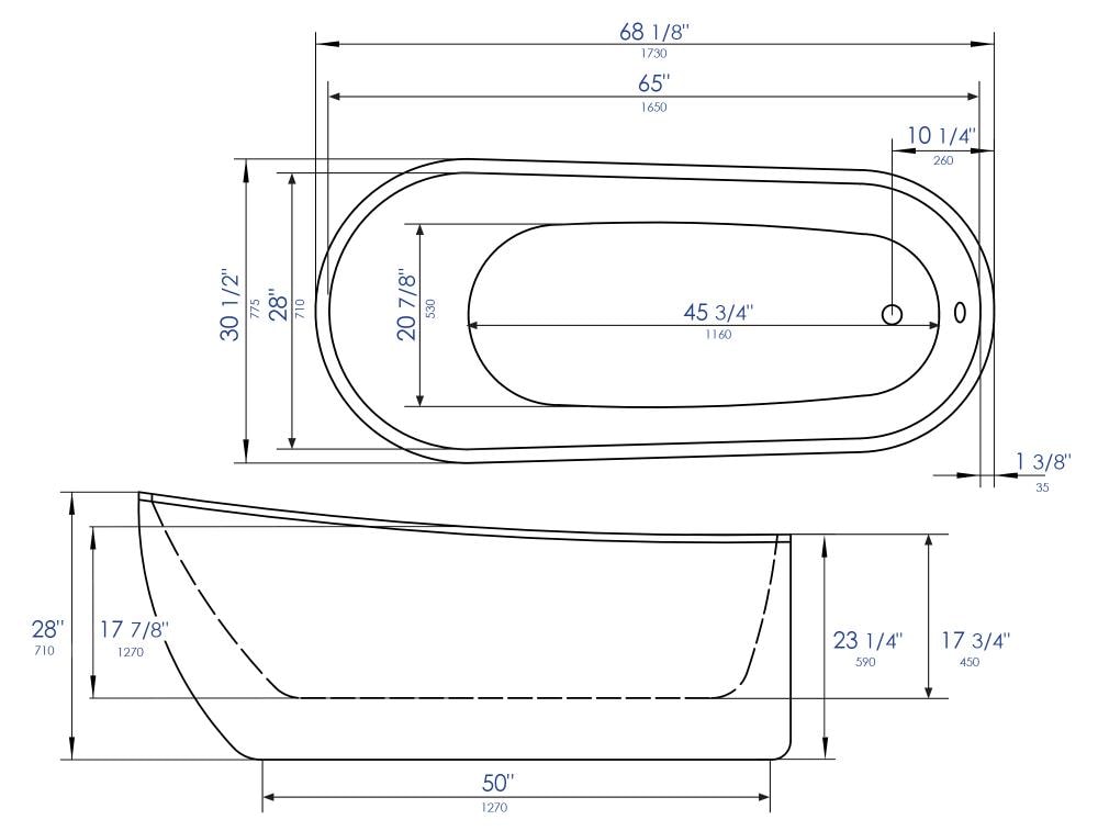 68'' White Freestanding Acrylic Soaking Bathtub