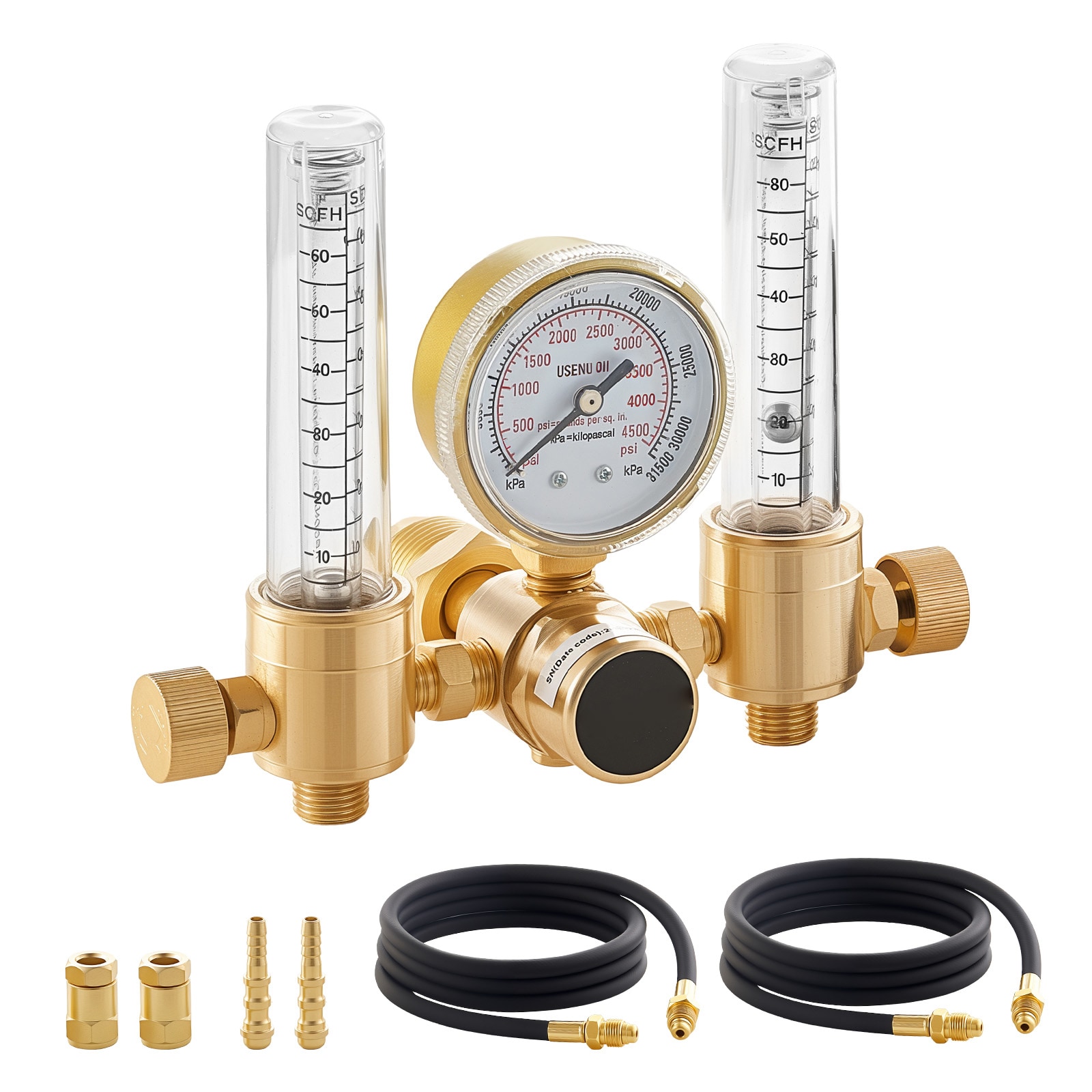 VEVOR Dual Output Argon Regulator Argon Flow Meter Gas Regulator Gauge for TIG/MIG Welding - with 2PCS 6.6FT Rubber Hoses 0-60 SCFH 0-4500 PSI Inlet Pressure CGA580 Inlet Connection