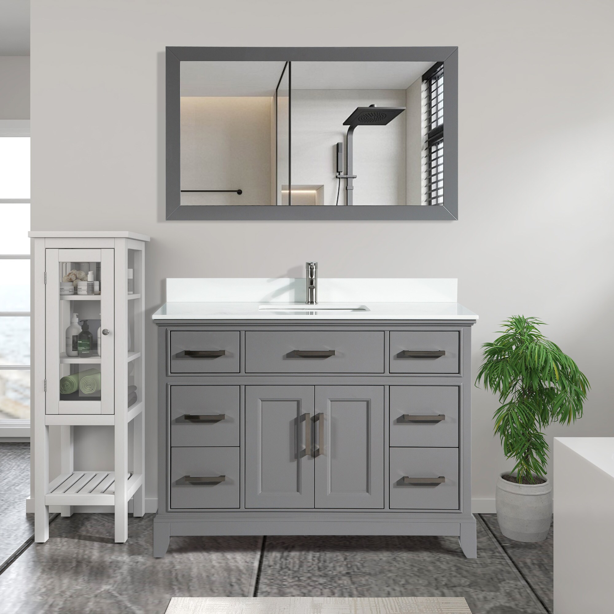 Vanity Art VA1048-G Genoa 48-in Grey Undermount Single sink Bathroom Vanity with White Engineered marble Top (Mirror Included)