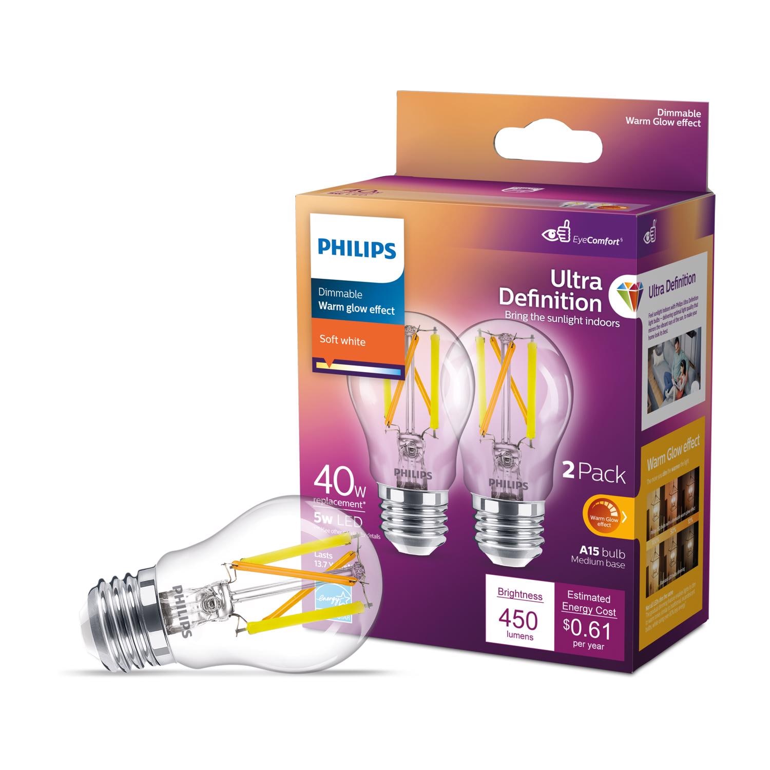 Philips A15 E26 Medium LED Bulb Soft White 40 Watt Equivalence 2 pk