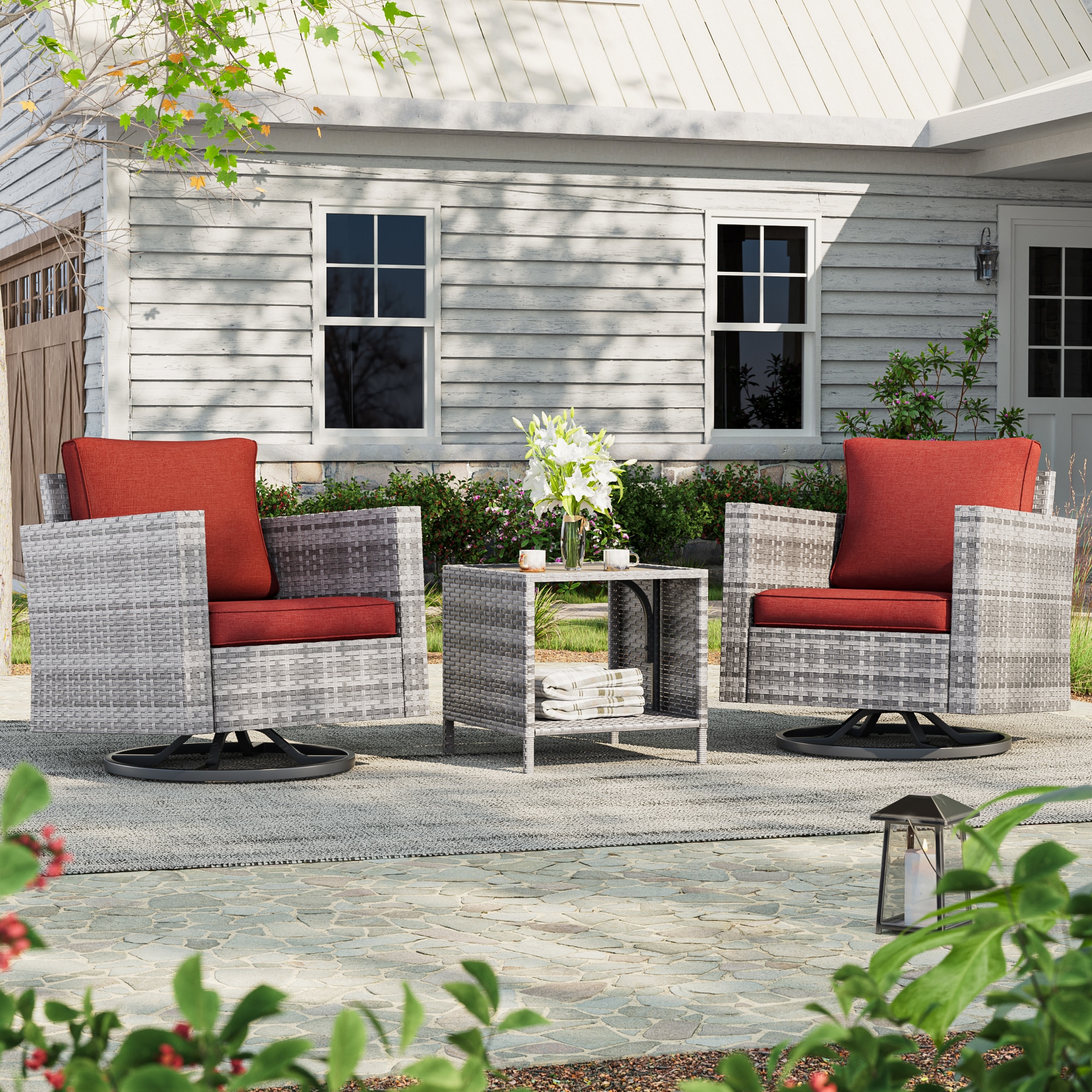 ACEGOSES LW-2R-HOG-T3 Patio Swivel rocker chairs 3 -Piece Wicker Patio Conversation Set with Orange Cushions