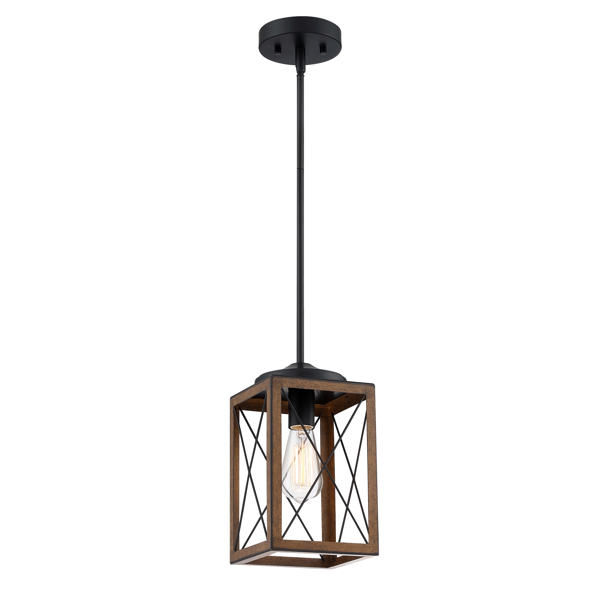 Hukoro F50891 1-Light Cage Mini Pendant Light with Matte Black and Barnwood Accents Matte Black and Wood accent Farmhouse Square Mini Hanging Kitchen island light