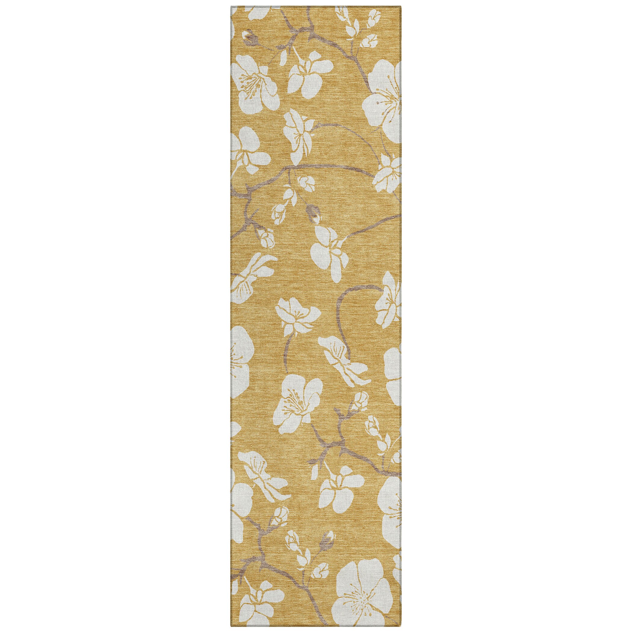 Gold and White Floral Synthetic Washable Runner Rug 2'3" x 7'6"