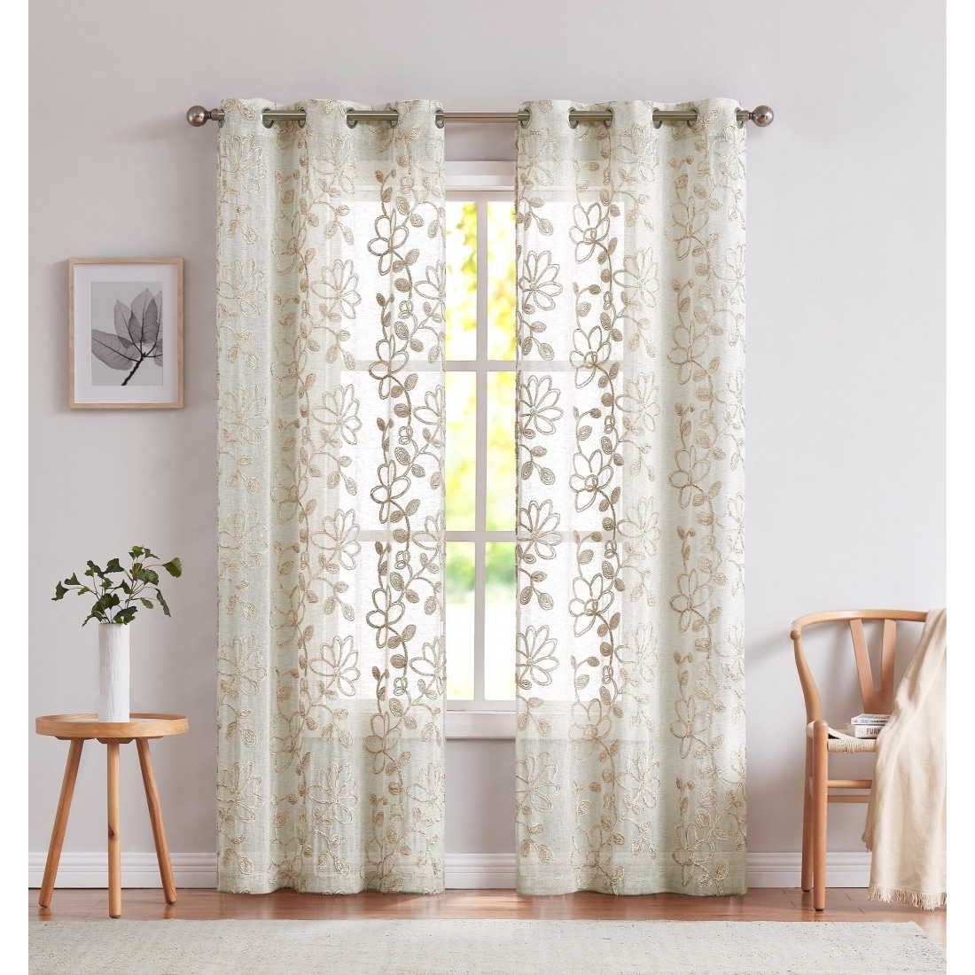 HomeRoots 4000473414 84-in Linen Floral Semi-sheer Standard lined Grommet Single curtain panel