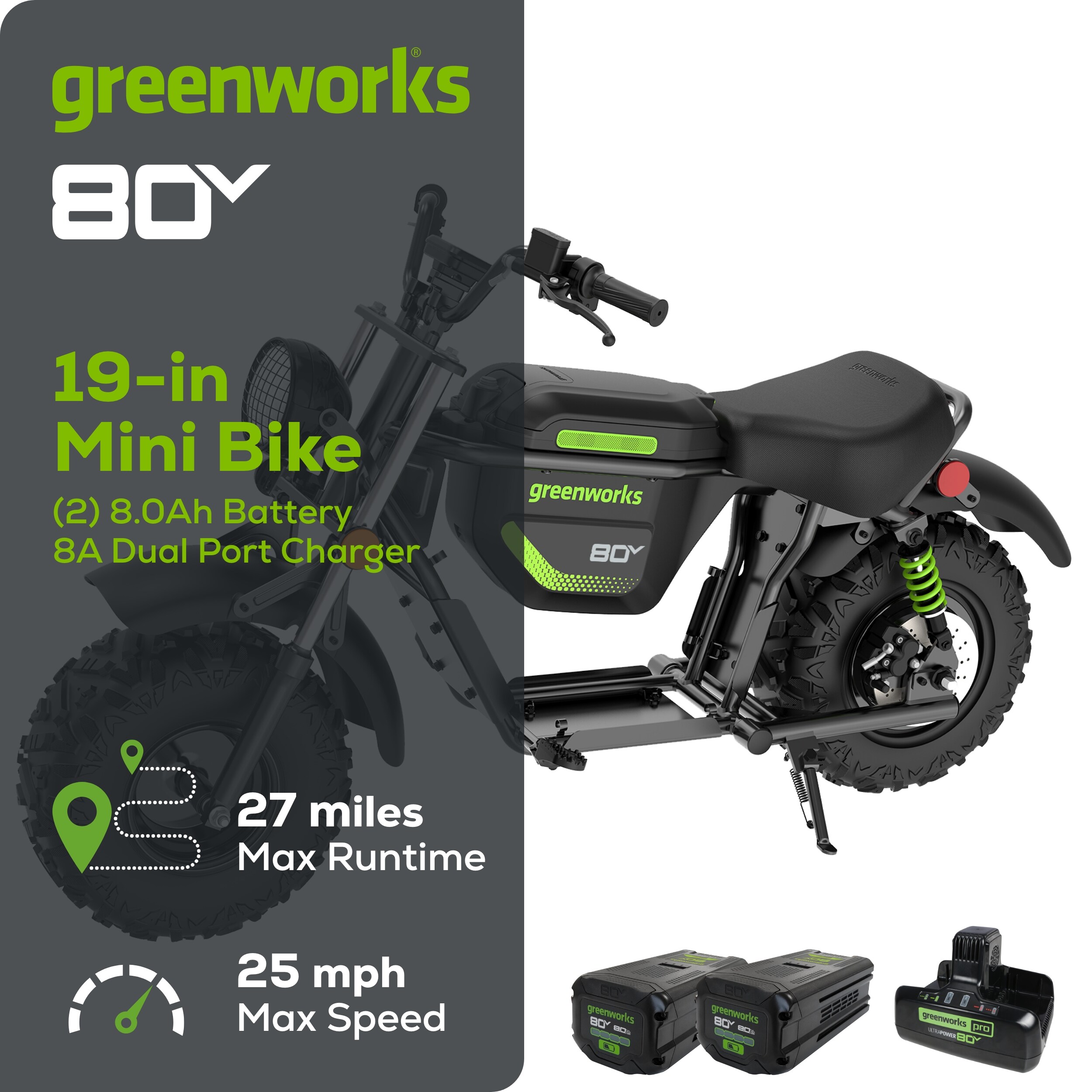 Greenworks 80-volt Electric 1000-watts Rear-wheel Hub Motor Mini Bike (2-Batteries and Charger Included)