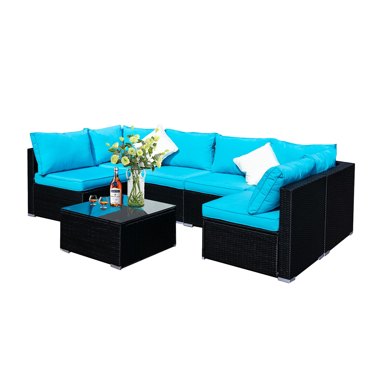 Ainfox K7WNHNSBL 7 -Piece Rattan Patio Conversation Set with Blue Cushions
