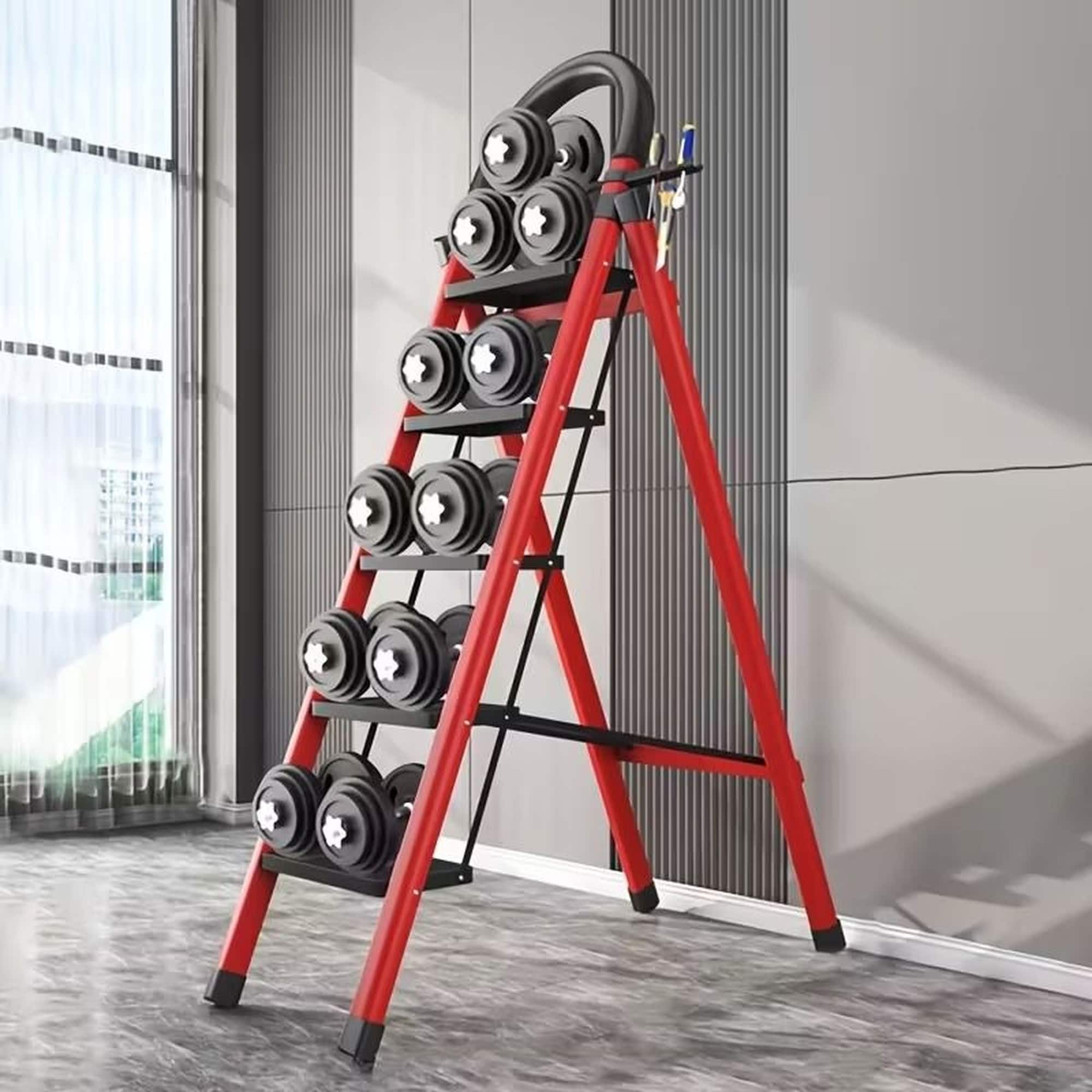 Wudkey 5 Step Ladder with Anti Slip Pedals Foldable Steel Step Stool with Tool Tray 300 lbs Capacity Portable for Home Kitchen Office
