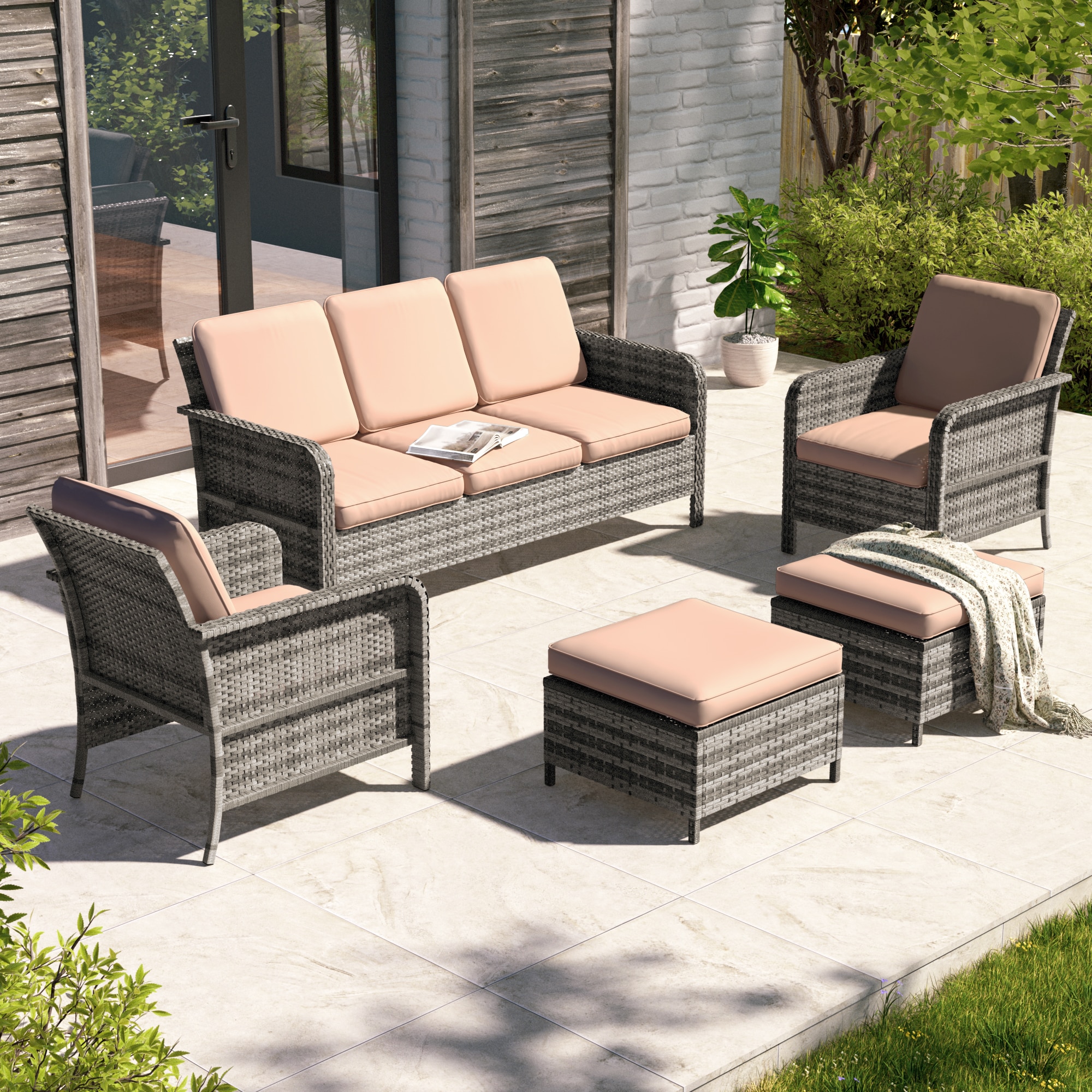 Sonkuki SD-PS-155HSD Patio Conversation Set 5 -Piece Wicker Patio Sofa Conversation Set with Beige Cushions