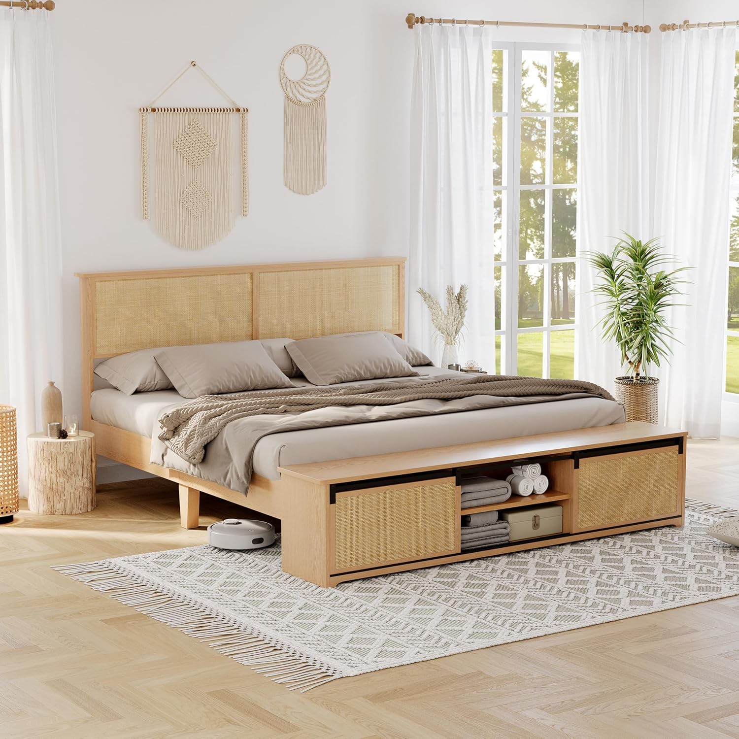 Qeetex PD-PHK-33VVJ64N King Rattan Bed Frame With Barn Door Storage-LED Headboard-Boho Farmhouse Platform-Wood Legs-No Box Spring Needed