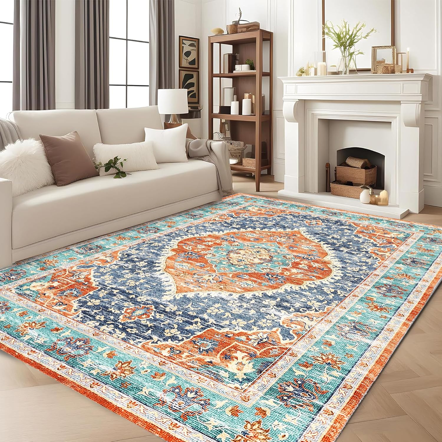 Qeetex WWJ-PHO-16JCK7FB 9 x 12ft Washable Vintage Rug Indoor Floor Cover Distressed Multi Thin Carpet Foldable Accent Red and Blue