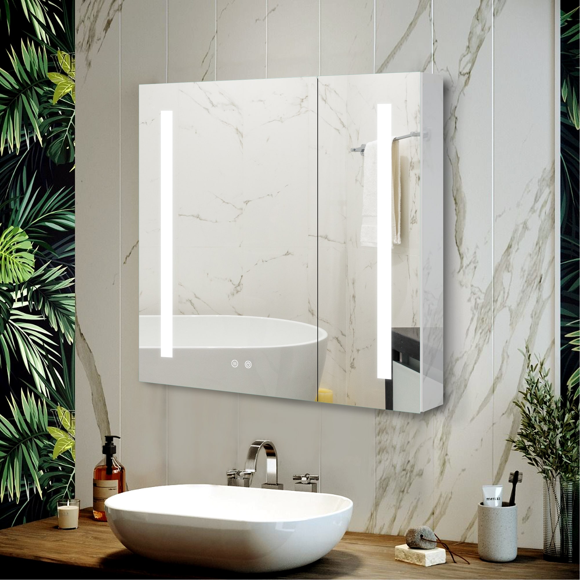 WELLFOR UCJ-VKMCL3630 36-in x 30-in Lighted LED Fog Free Surface/Recessed Mount Aluminum Mirrored Rectangle Soft Close Medicine Cabinet with Outlet