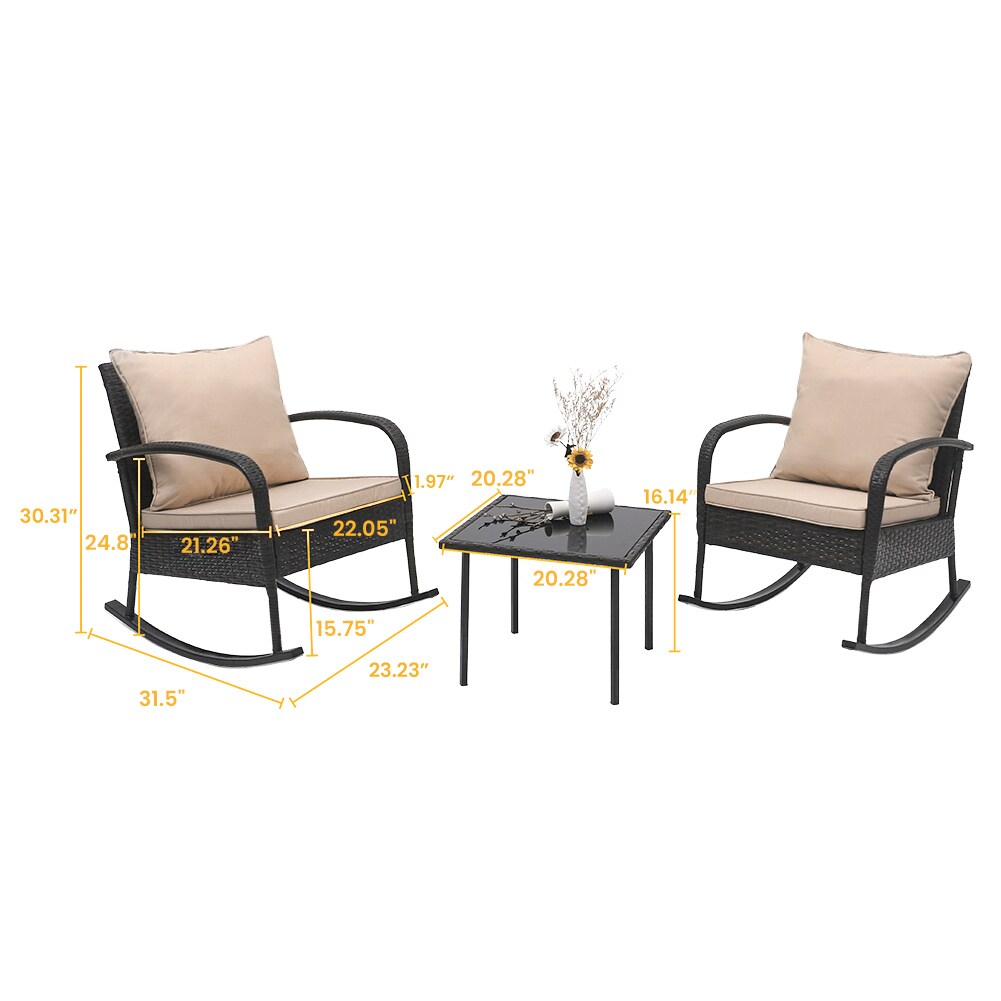 Crestlive Products 3 PCS Patio Wicker Bistro Set Outdoor Rattan Rocking Chairs with Glass-Top Coffee Table All-Weather Conversation Set Tan 