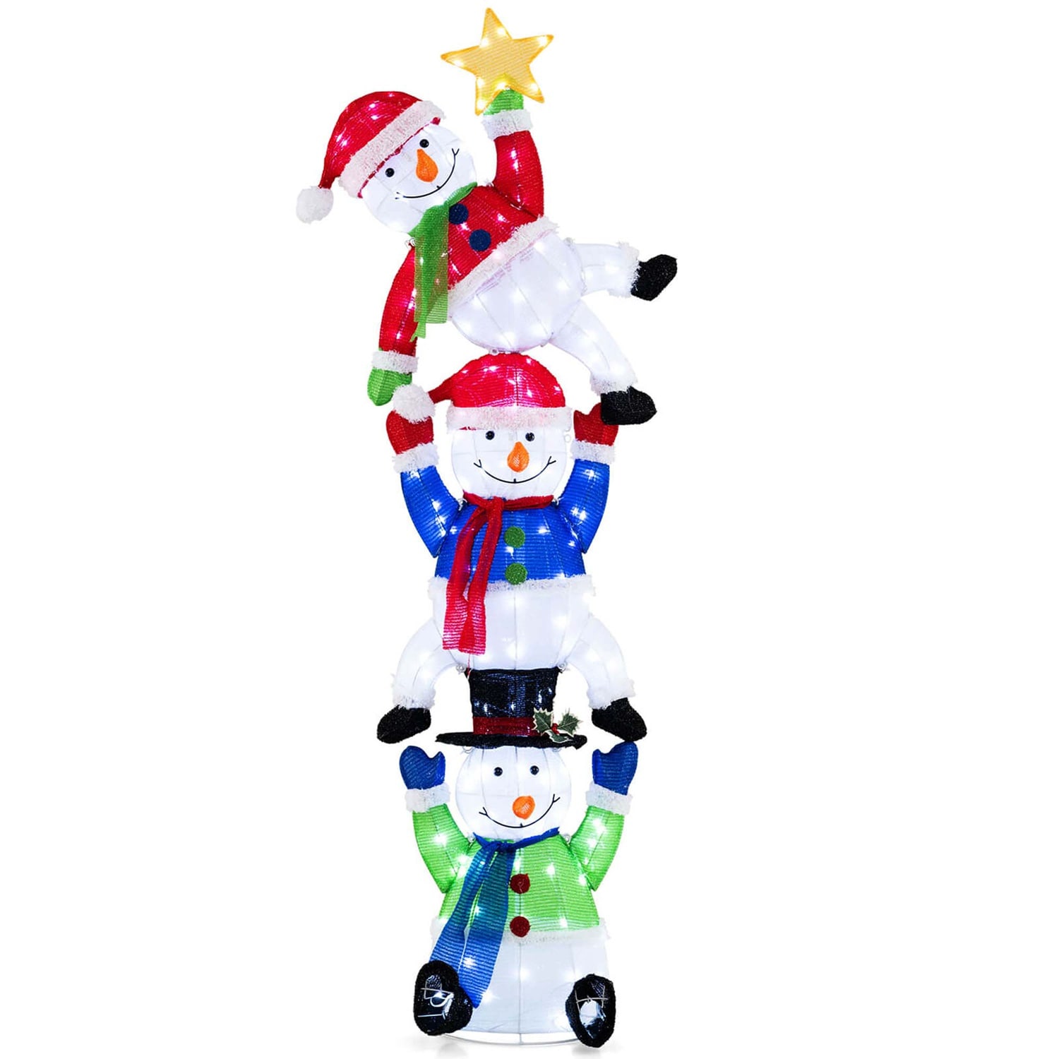 Costway CSHY001555 6 ft 3D Pre-Lit Christmas Stacked Snowman with 155 LED Lights Zip Ties and Stakes