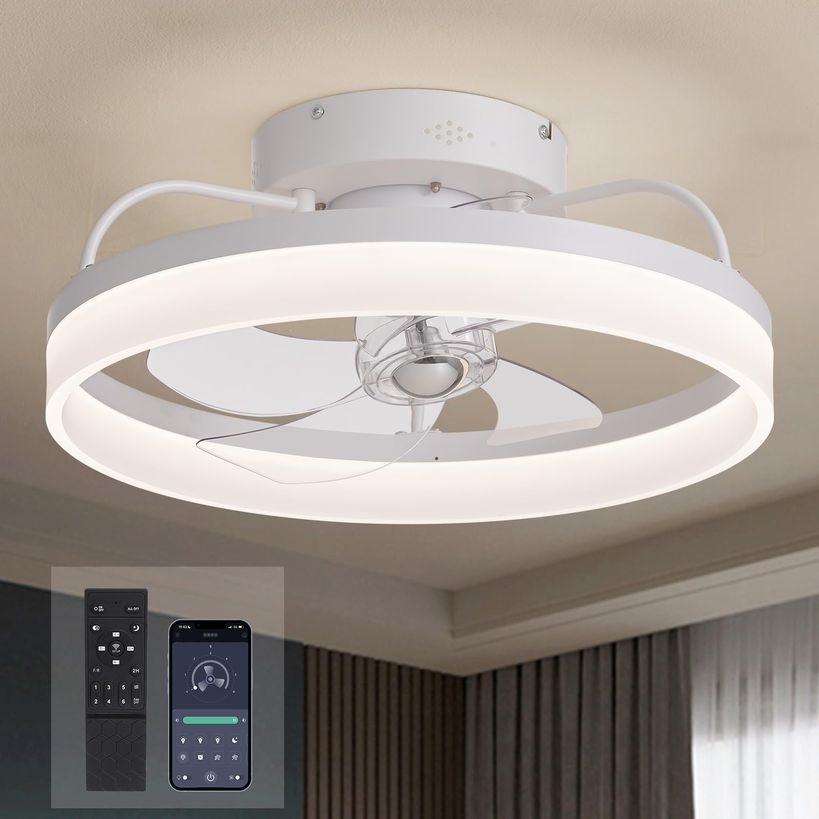 SILJOY LL-6001WH-03 Flush mount Ceiling Fan with Light and Remote Control Include